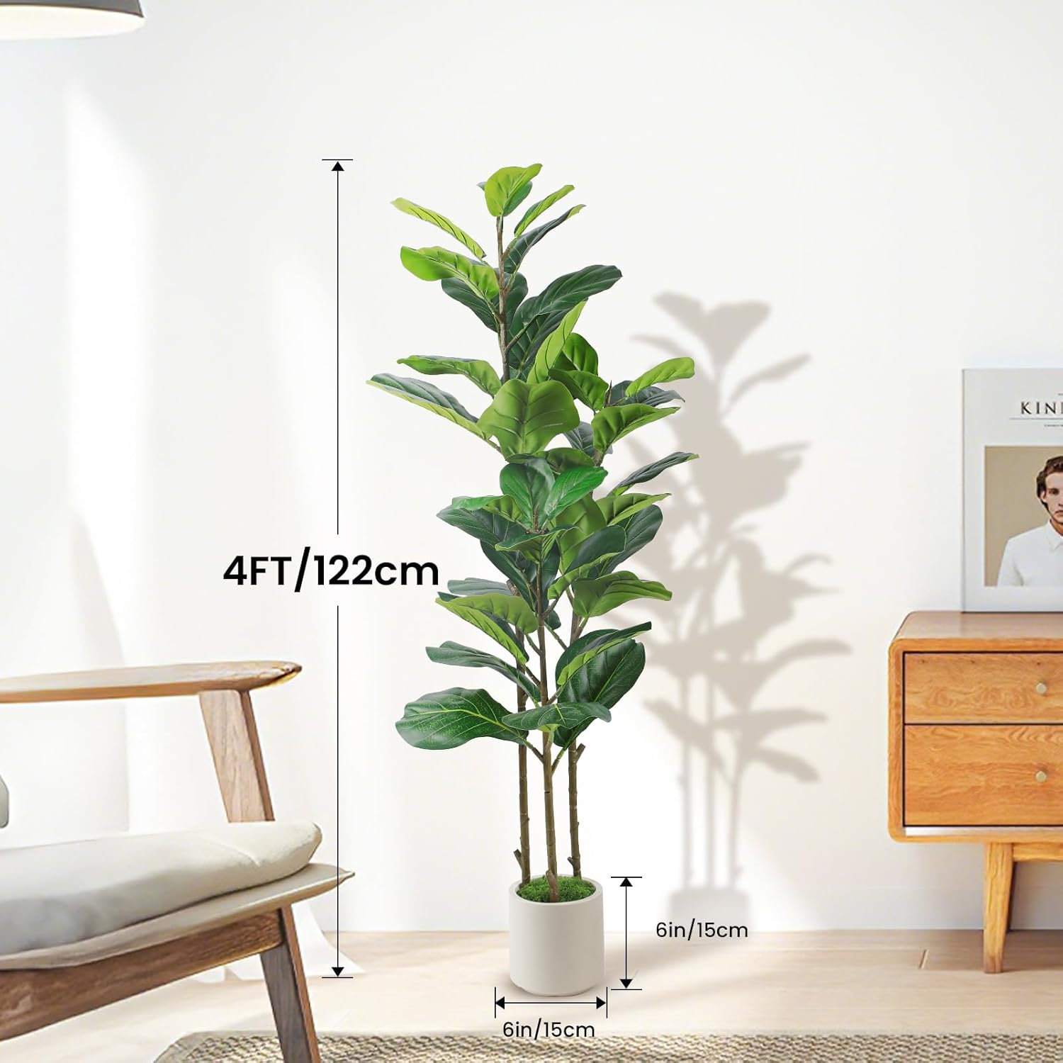 Alupssuc 4FT Artificial Fiddle Leaf Fig Tree with White Planter Pot, 4 feet Tall Fake Tree for Home Decor, Faux Ficus Tree Fake Moss for Indoor Outdoor Office Living Room - Image 2