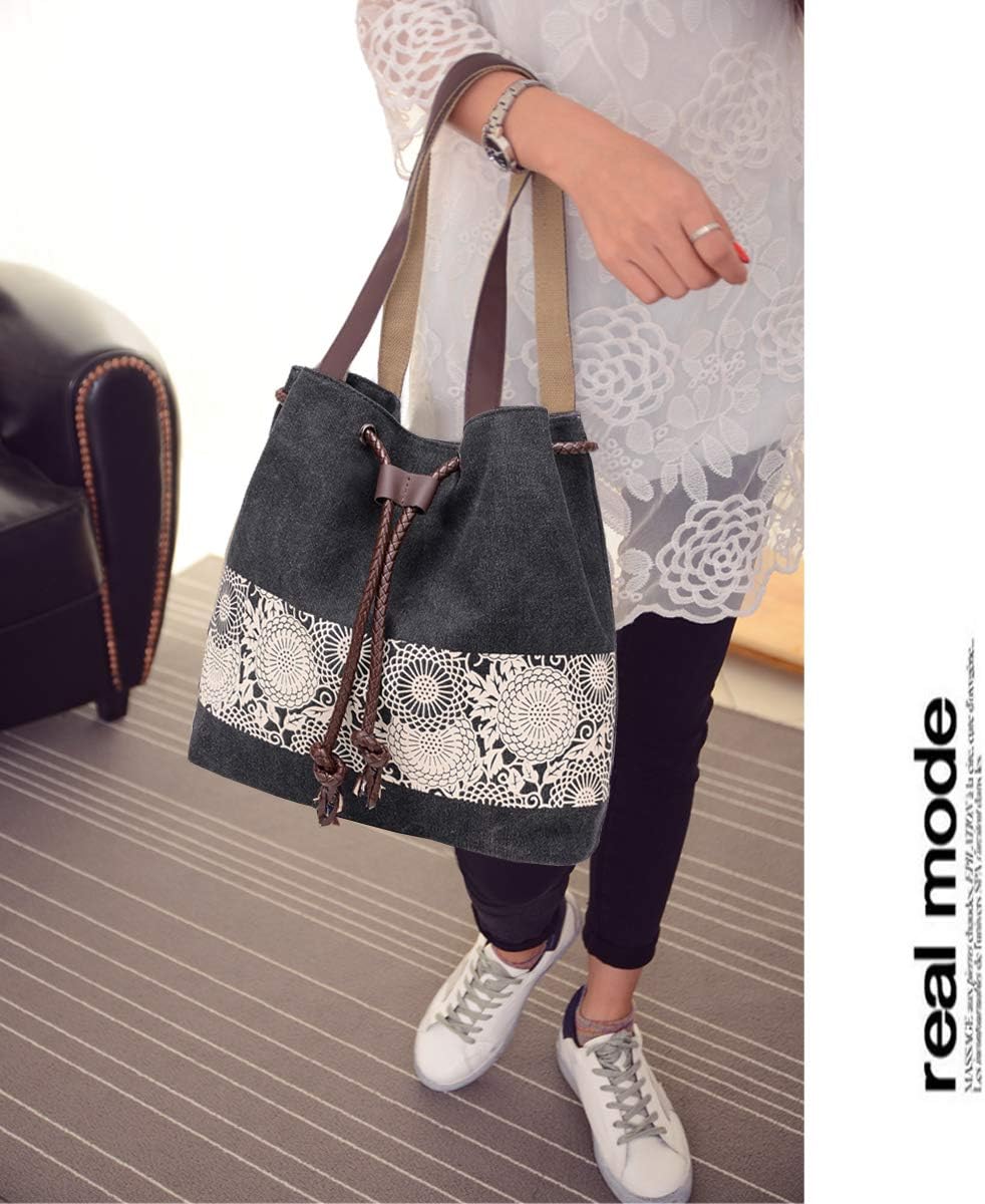 Women Printing Canvas Shoulder Bag Casual Handbags Purse Retro Tote - Image 2