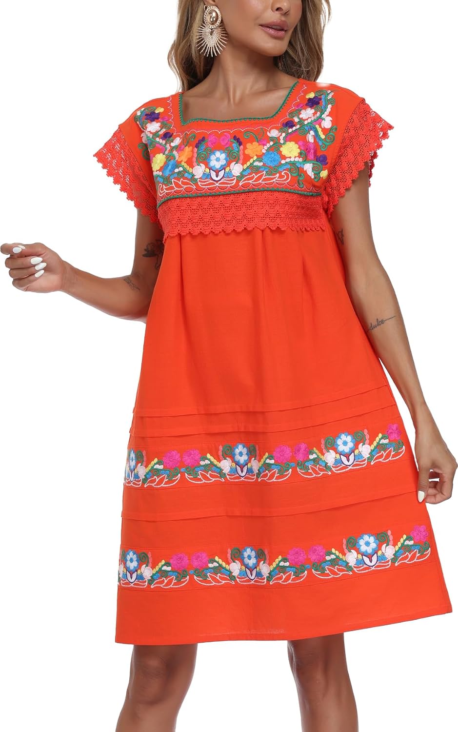 YZXDORWJ Women Embroidered Mexican Peasent Lace Short Sleeves Dress