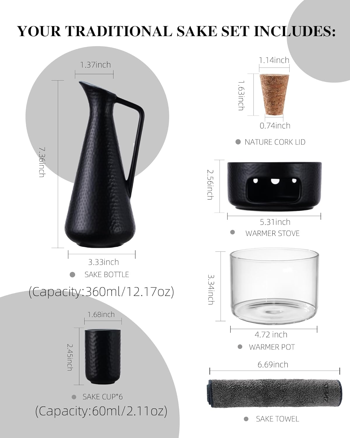 ZENS Sake Set with Warmer, 12 Ounce Embossed Ceramic Sake Bottle 6 Sake Cups and Glass Pot for Hot or Cold Japanese Sake, Black Sake Carafe Gift Sets with Cotton Towel