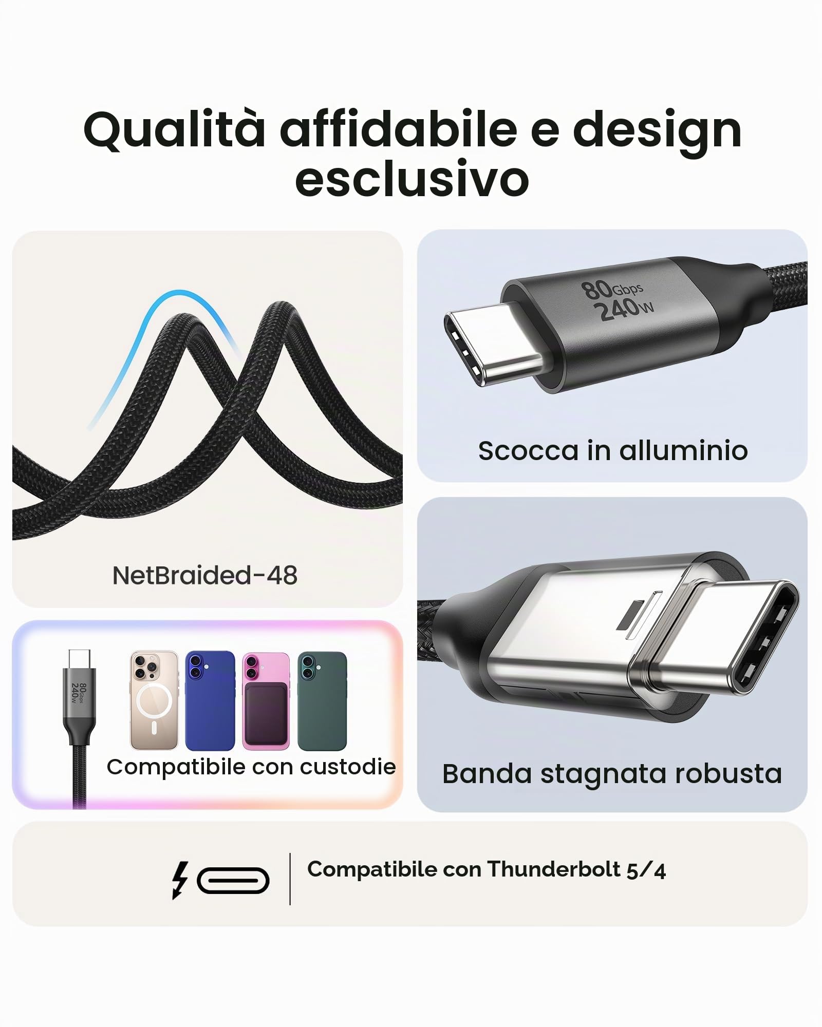 Silkland 80Gbps USB-C Compatibile con Cavo Thunderbolt 5 3M, 240W PD3.1 | Ricarica Rapida, 120Gbps con Bandwidth Boost, 16K/Dual 8K, USB Type-C per Thunderbolt 4/3, MacBook Pro, SSD, Dock, Monitor