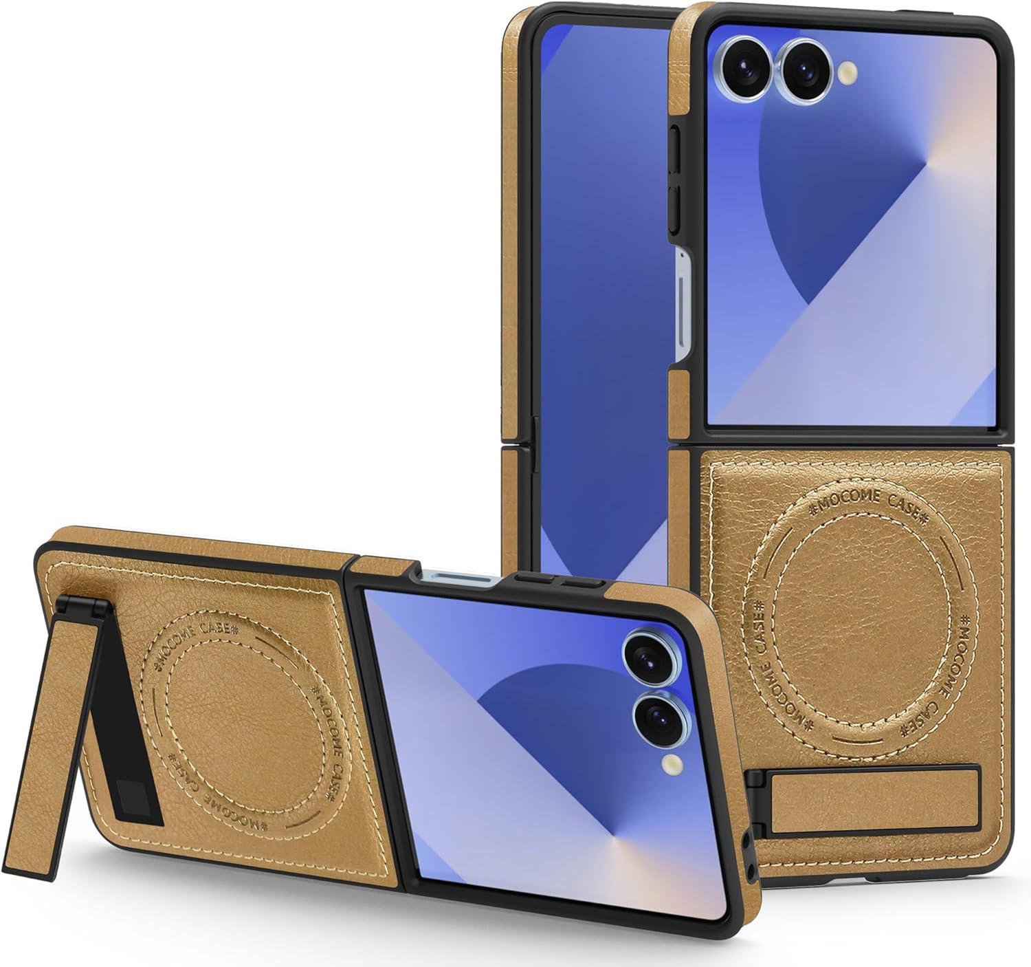 Magnetic Kicstand for Samsung Galaxy Z Flip 7 Case Compatible with MagSafe Charging Ultra Slim Premium Leather Invisible Stand Military Grade Drop Protection Shockproof Case, Gold