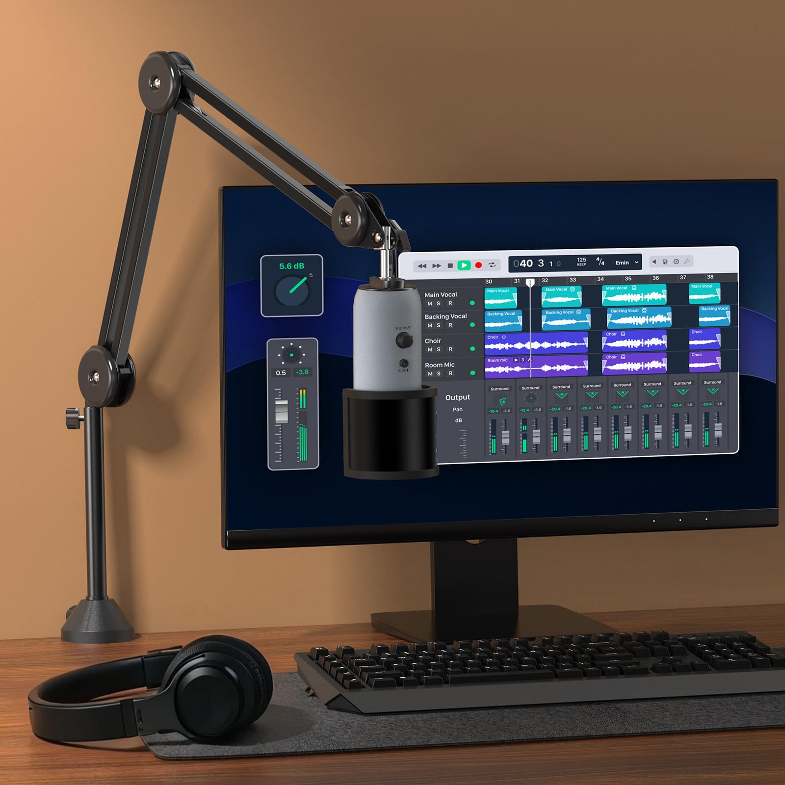 TONOR Micrófono Boom Arm, Mic Soporte de Escritorio con Alto Riser para, Totalmente Ajustable para Podcasts, Streaming, Gaming, Oficina en Casa, Grabación, 40 cm +40 cm, 20 cm extra alto, T50