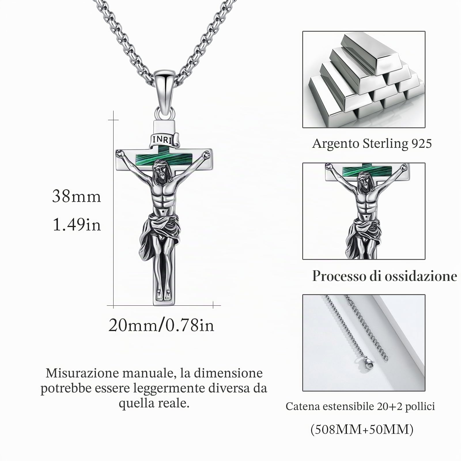 Collana con ciondolo a forma di crocifisso, in argento Sterling 925, con ciondolo a forma di croce cattolica, regalo di Natale, per uomini e donne, 38 x 20 mm, 52 inches, Argento sterling, Non