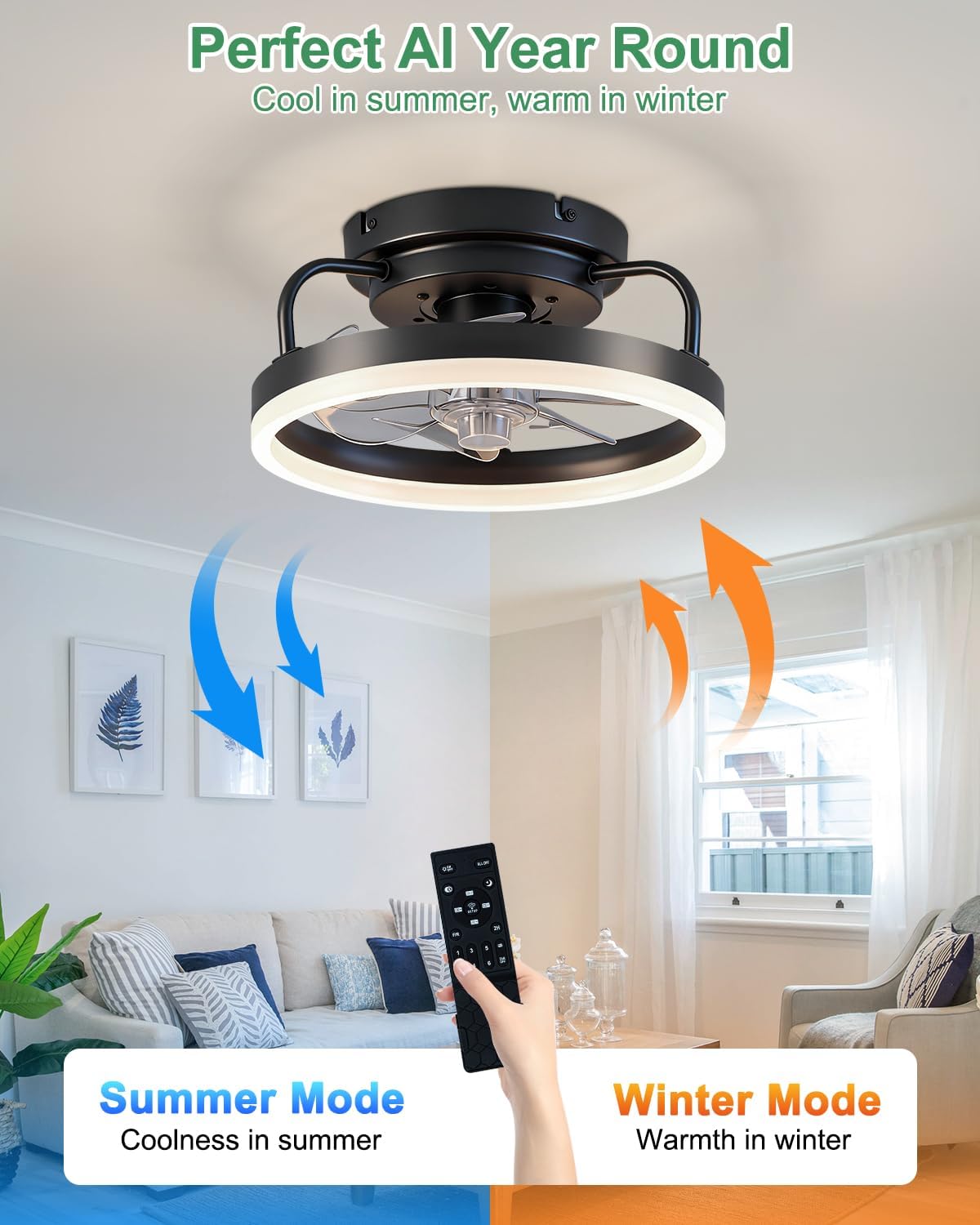 Ceiling Fan with Lights, Low Profile Ceiling Fans with Lights and Remote, Flush Mount LED Fan Light, Modern Bladeless Fandelier for Bedroom Works with APP, 12IN Black