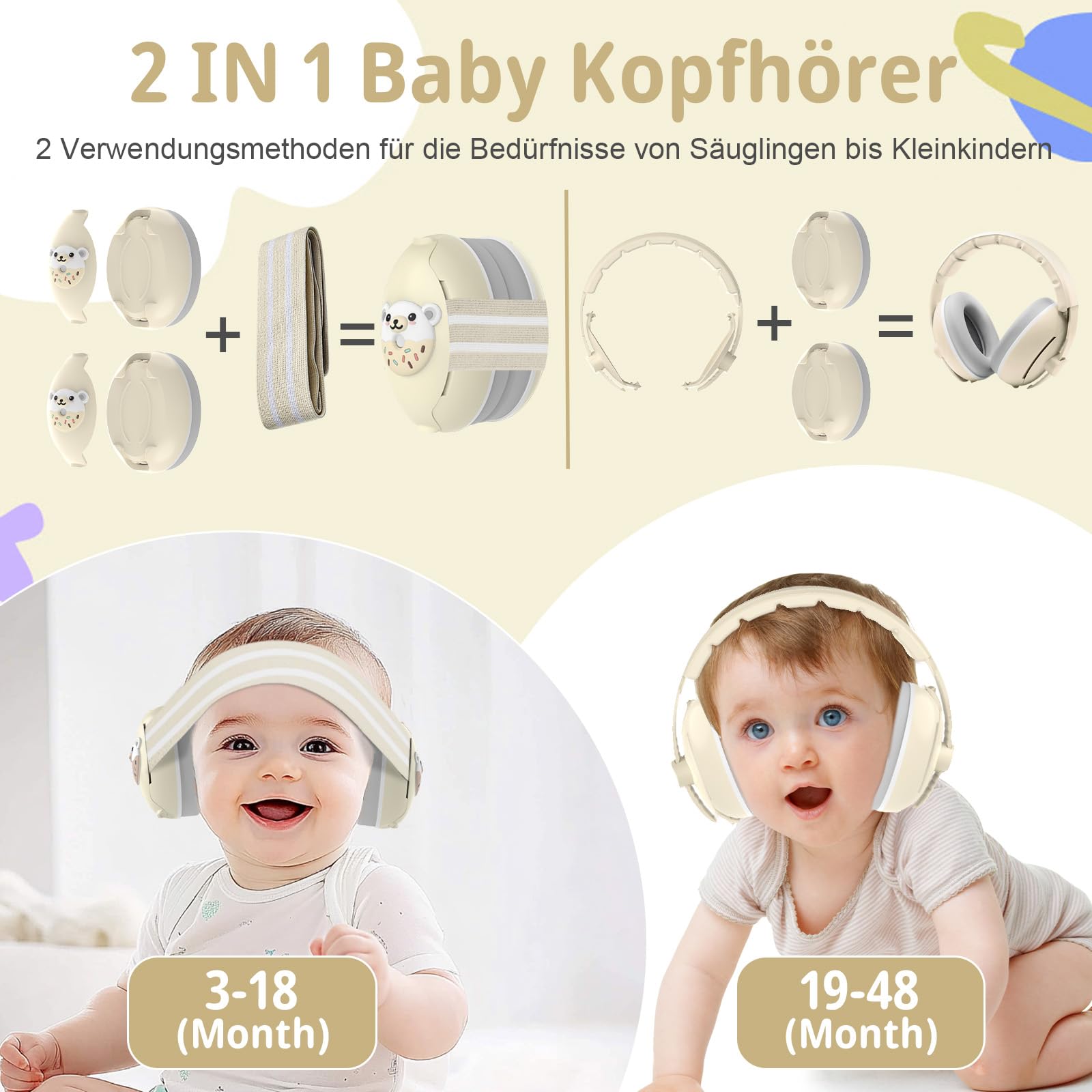 Robofun 2-in-1 Gehörschutz Baby Kopfhörer, Neugeboren Ohrenschützer mit Geräuschunterdrückung & Verstellbares Kopfband, Baby Kopfhörer Lärmschutz für Babys bis 48 Monate - Beige