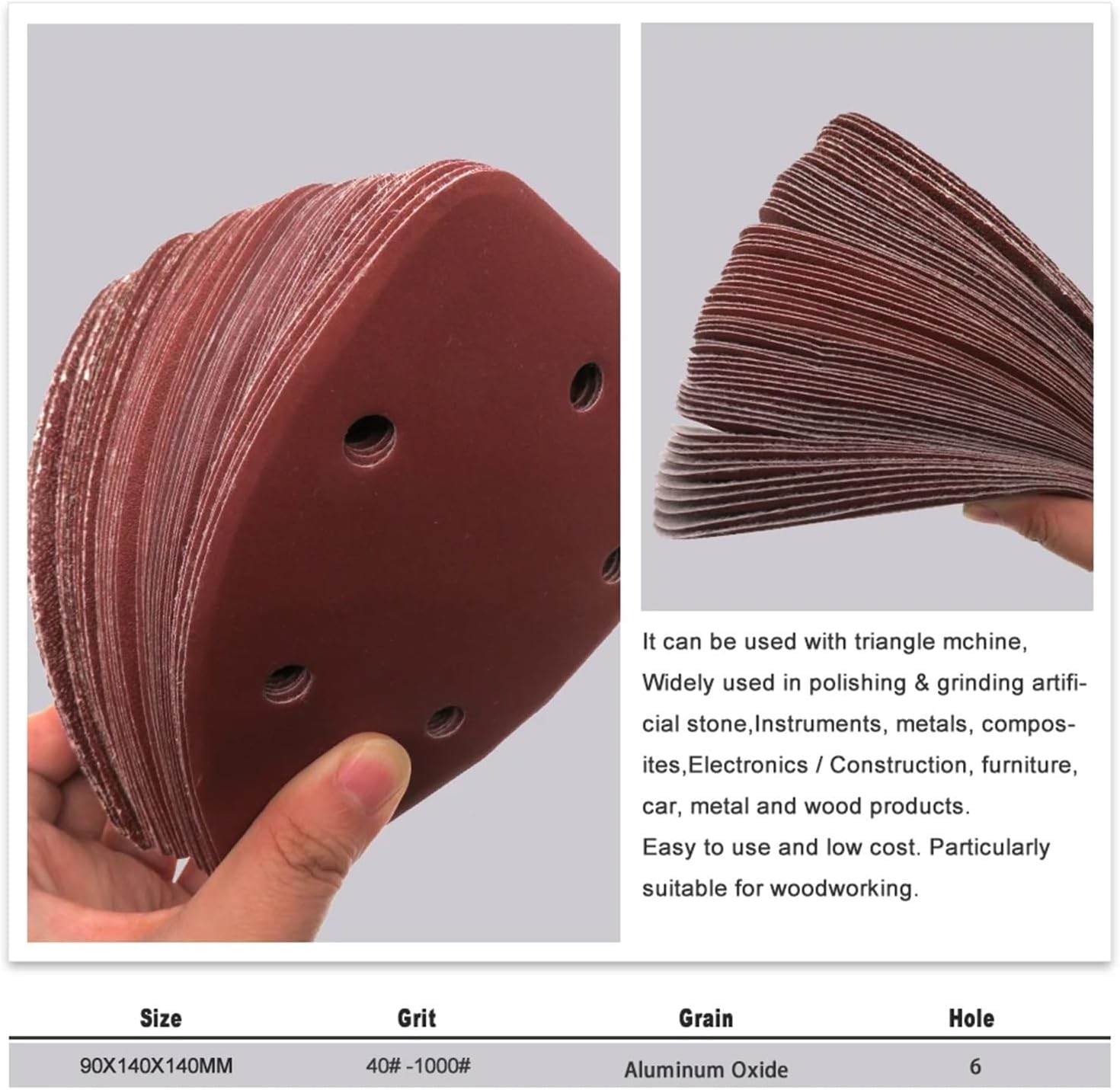 Sanding Pads, 10pcs 140 * 90 Self-Adhesive 6 Holes Sanding Paper Triangle Sandpaper with Hook Loop Sanding Disc Abrasive Tools Polishing for Wood Furniture(100)