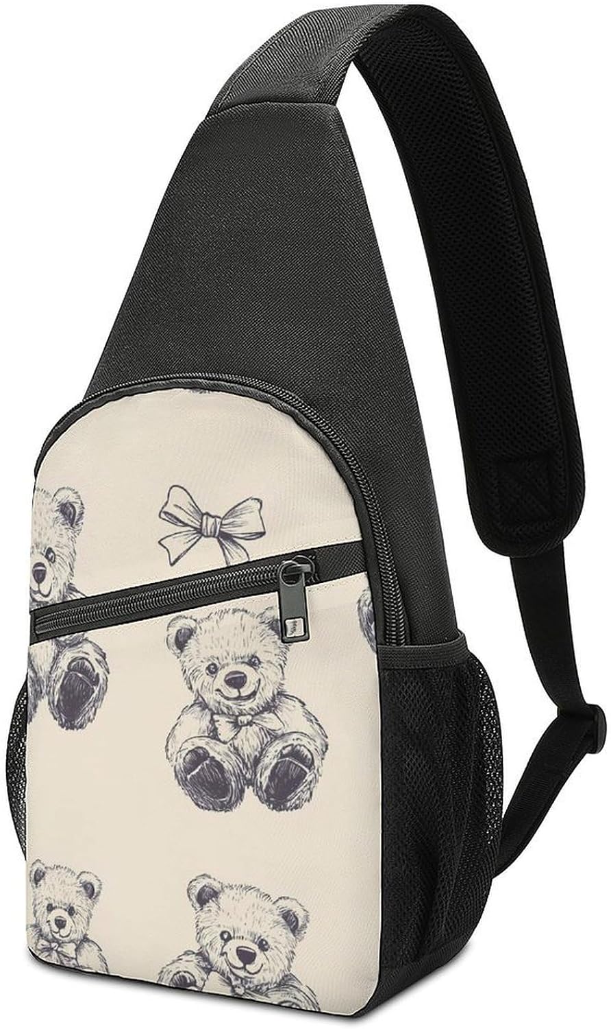 Vintage Bow Teddy Bears Crossbody Sling Backpack Chest Bag Daypack | unisex,trendy,with convertible and detachable shoulder strap,side pockets