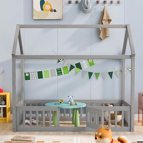 Miniatura 10 de Marco de cama de casa para niños, cama Montessori de madera tamaño matrimonial con diseño de valla y puerta, cama de piso completo con rieles para