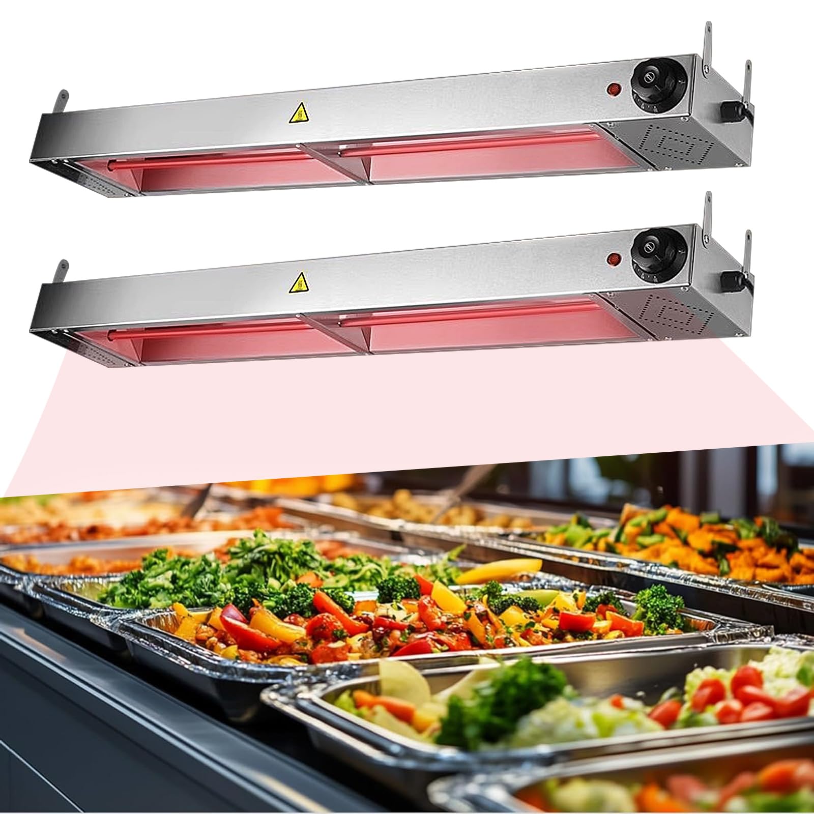Lampara de Calor para Alimentos, Acero Inoxidable Lámpara de Calor Cocina, Comercial Lámpara Calentadora de Platos, Profesional Lámpara Calentamiento Infrarojos para Buffet (90cm, 2piezas)