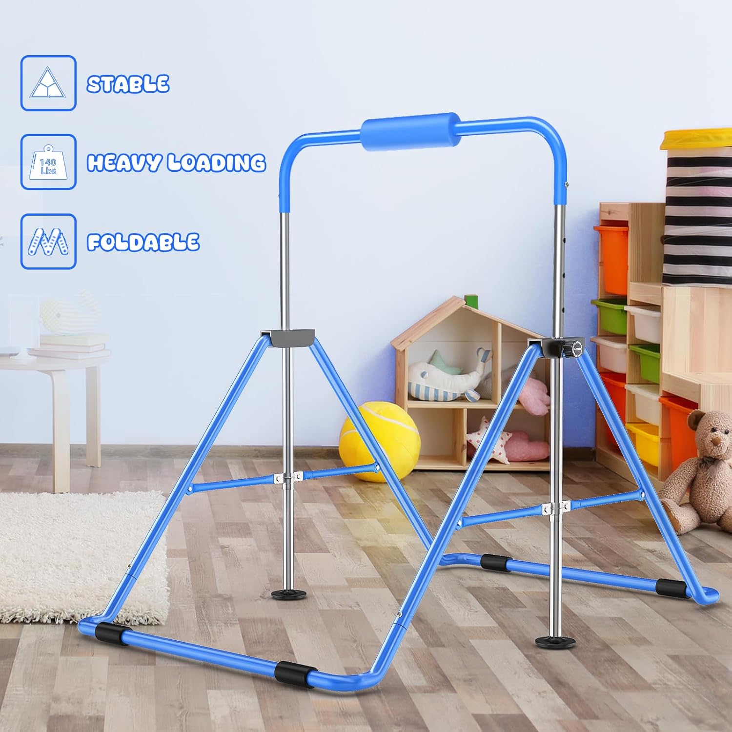 Safly Fun Foldable Gymnastics Bar for Kids, Adjustable 35"-51", Sturdy 145 lbs Capacity, Easy-to-Assemble, Gymnastics Equipment for Kids for Indoor/Outdoor Training