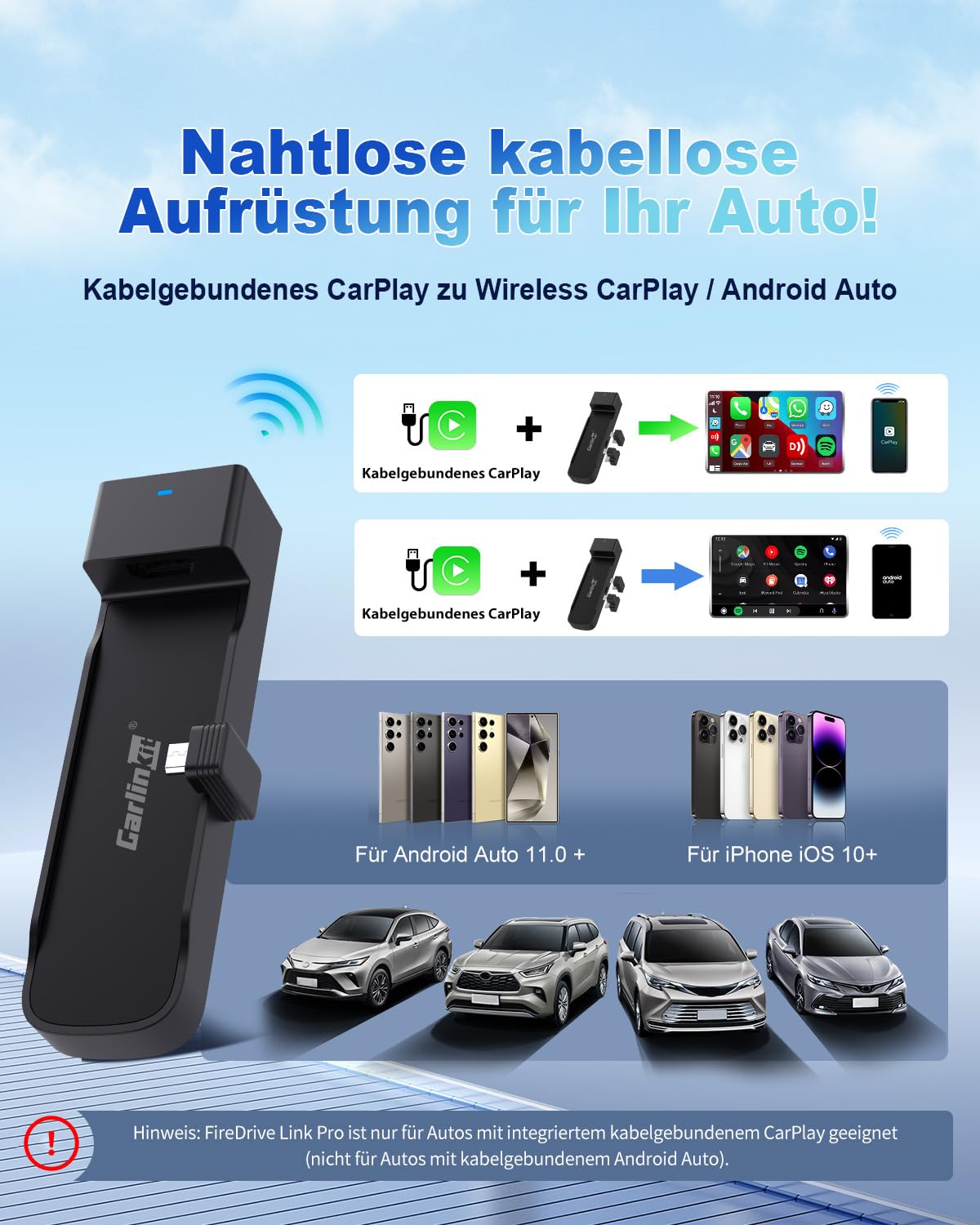Carlinkit CarPlay und Android Auto Wireless Adapter, FireDrive Link Pro mit HDMI für Fire TV Stick, Wireless Dongle und Auto TV Konverter für CarPlay Fahrzeuge mit OEM-Kabel Plug