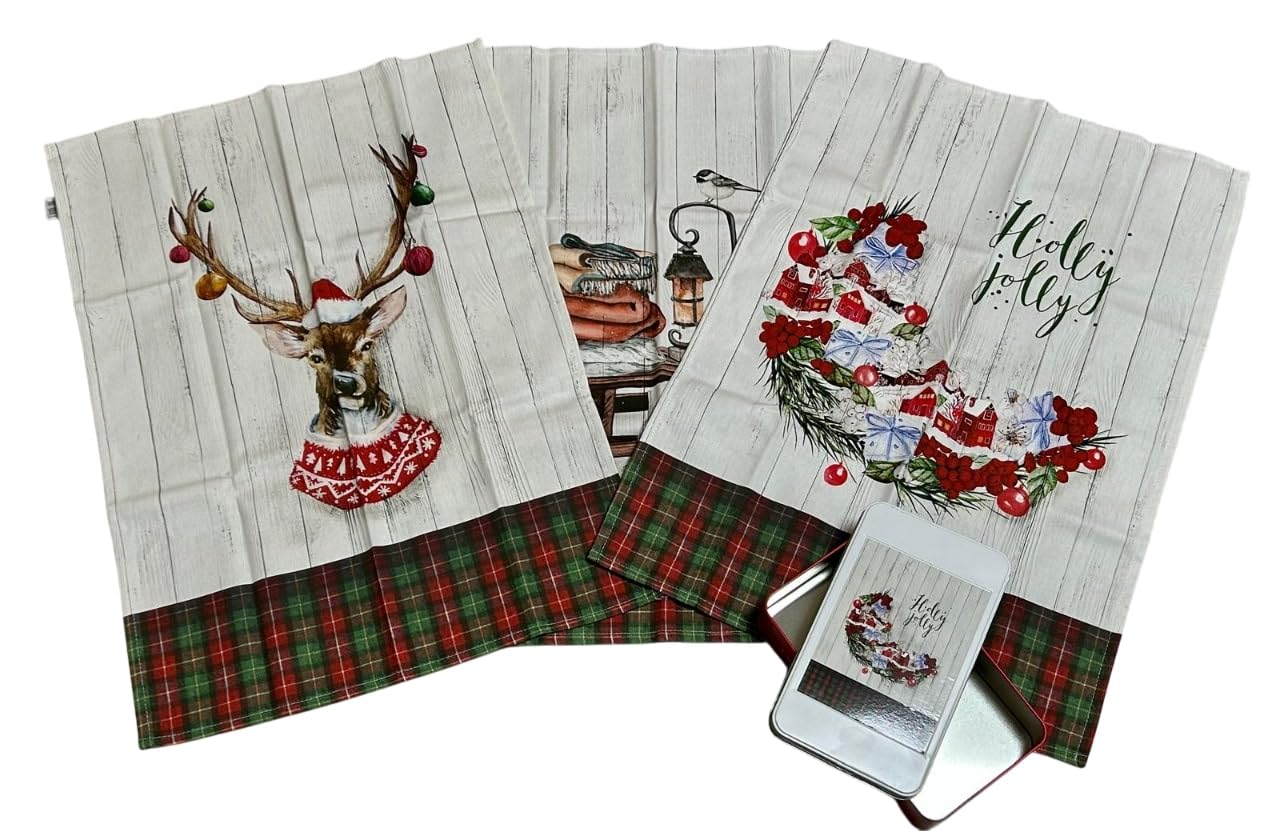 Juego de paños navideños VINGI de algodón con caja de hojalata y medida de 50x70 cm