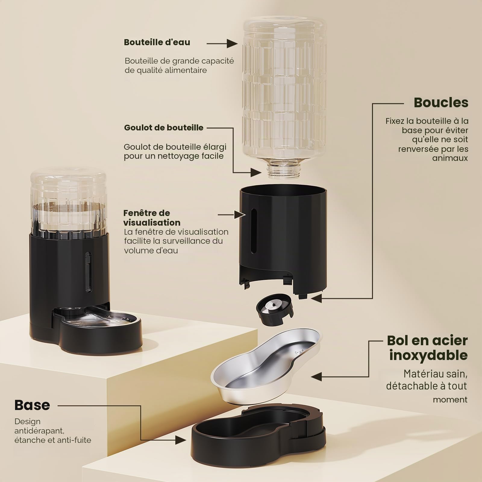 JUNSPOW Distributeur d'eau pour Animaux 4L avec Bol en Acier Inoxydable, Distributeur Automatique d'eau par gravité pour Chats, fenêtre Visible, sûr et débranché pour Les Animaux de Compagnie, Noir