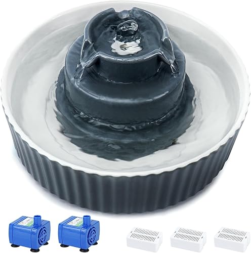 Fuente de agua de cerámica para gatos, fuente para gatos de 71 onzas con 3 filtros de carbono y 2 bombas silenciosas, dispensador de agua para
