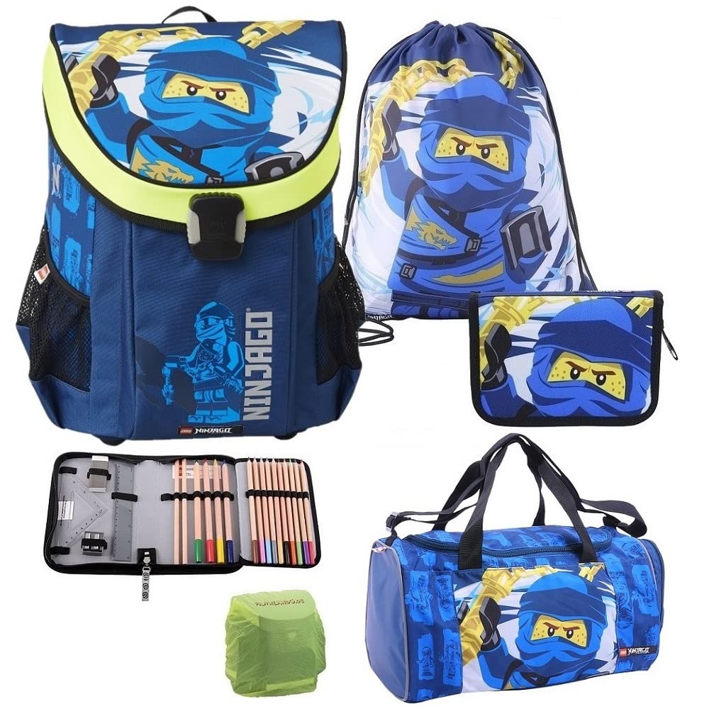 Familando - Easy Schulranzen Set 5-teilig - Lego Ninjago Blauer Ninja Jay - Ergonomisch, stabil & mit gepolstertem Rücken - 790g leicht mit 21L Volumen - mit Reflektoren - Ab 1. Klasse