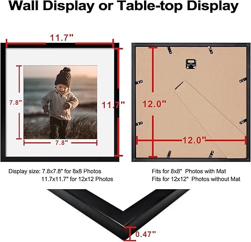Miniatura 7 de KINLINK Portarretratos negros de 12 x 12 pulgadas, cuadrados con plexiglás para fotos de 8 x 8 pulgadas con paspartú o de 12 x 12 pulgadas sin