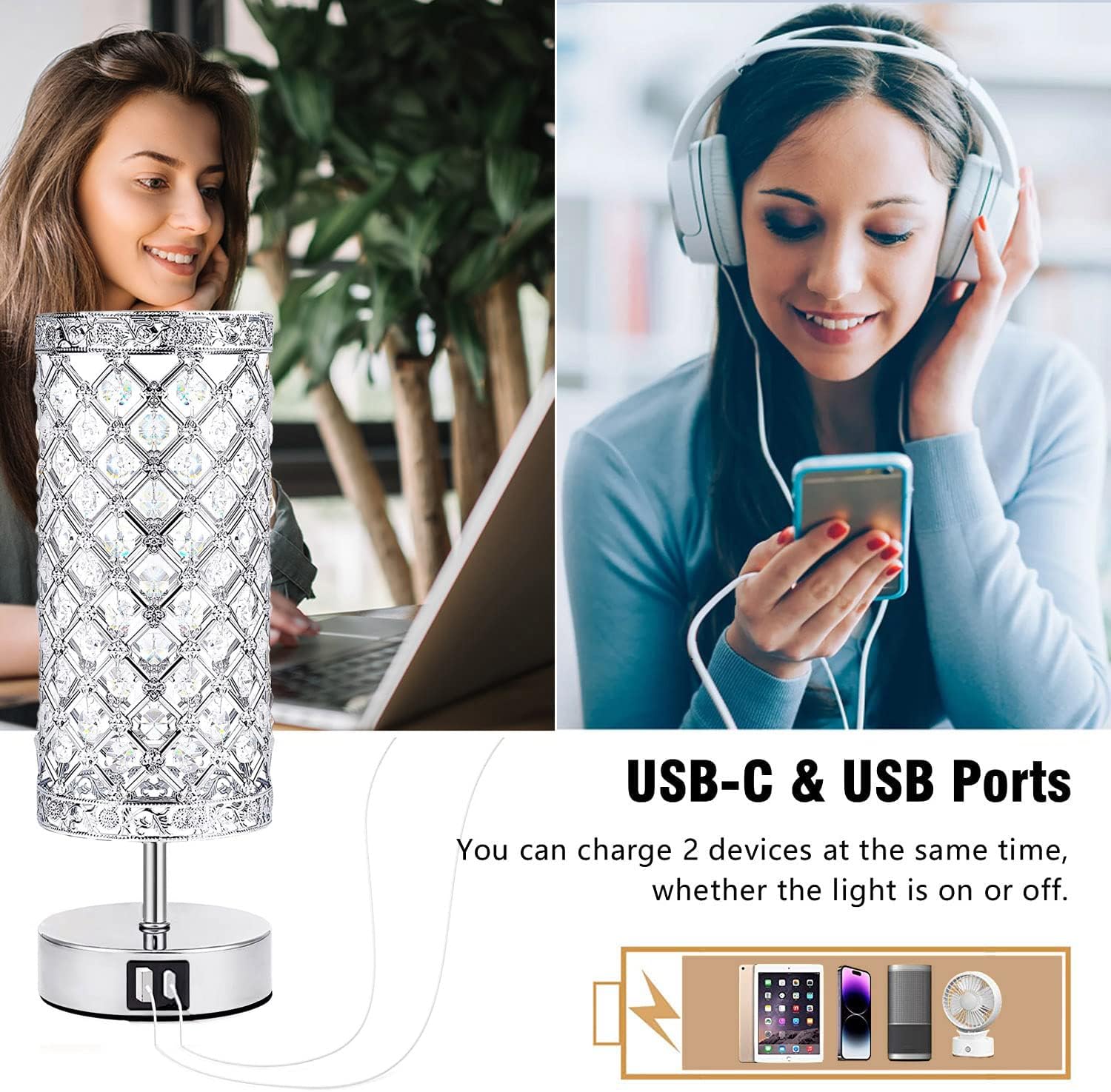 Silver Crystal Table Lamp, Bedside Touch Control Desk Lamp Women Bedroom Decor Girly Bling Lamps 2 USB Ports Nightstand Night Light with Bulb Included for Home, Office, Living Room