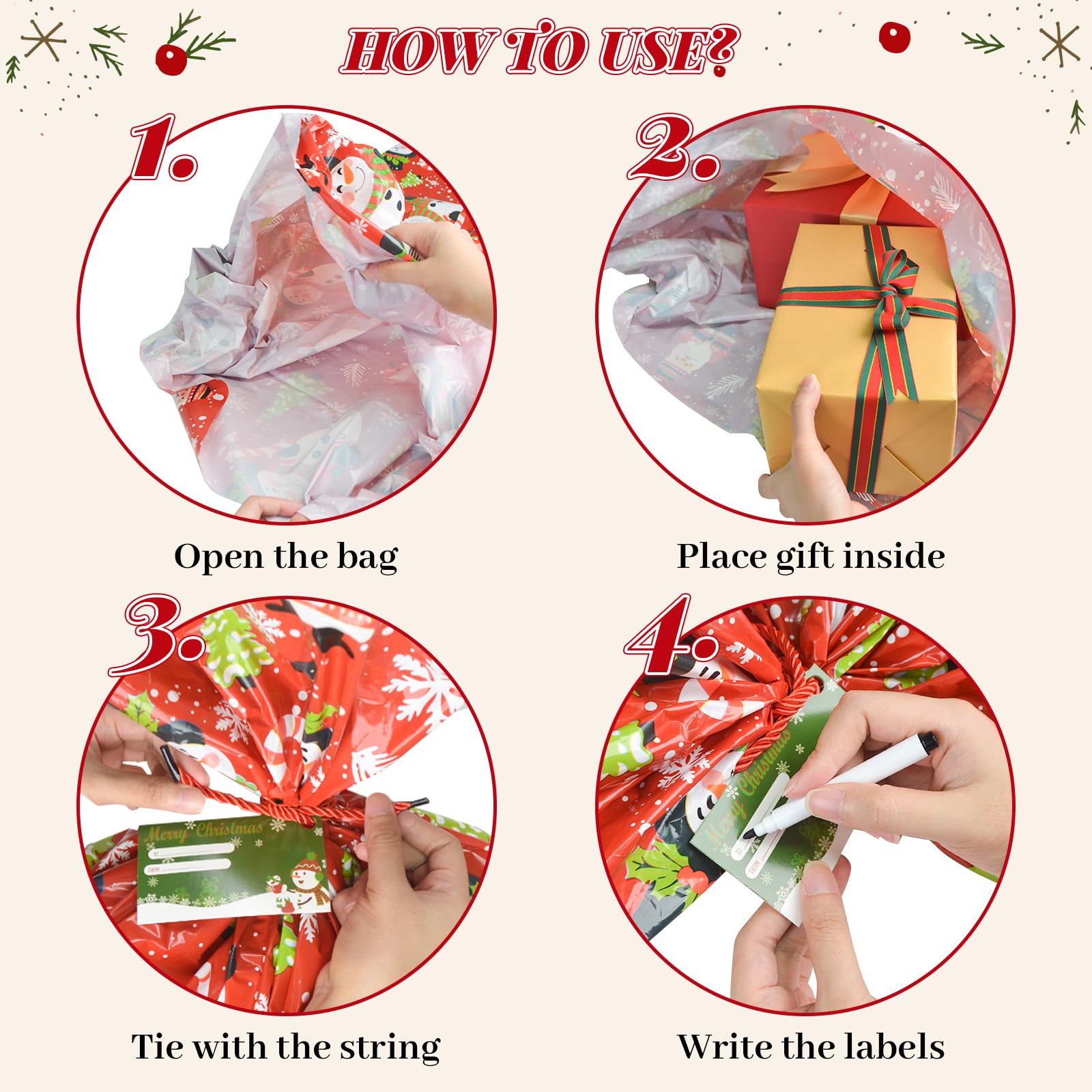 letesult 55" x 35" Extra Large Christmas Gift Bags, 6PCS Jumbo Christmas Themed Bags Holiday Gift Wrap Plastic Gifts Bag with Tag and String for Huge Big Gifts Presents Wrapping Bicycle Bike Gift Bag
