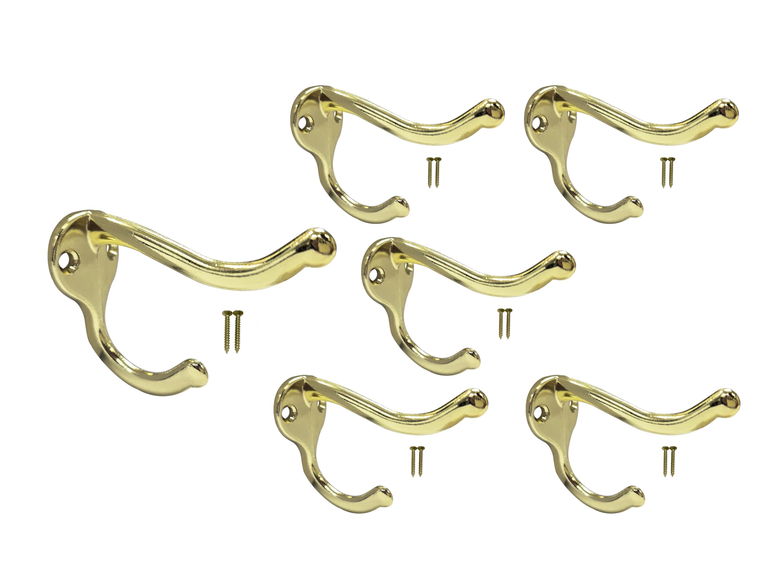 QCAA Coat Hat Hook, Heavy Duty for Wall Hanging, Zinc Die Cast, Brass Plated, Made in Taiwan, 6 Pack