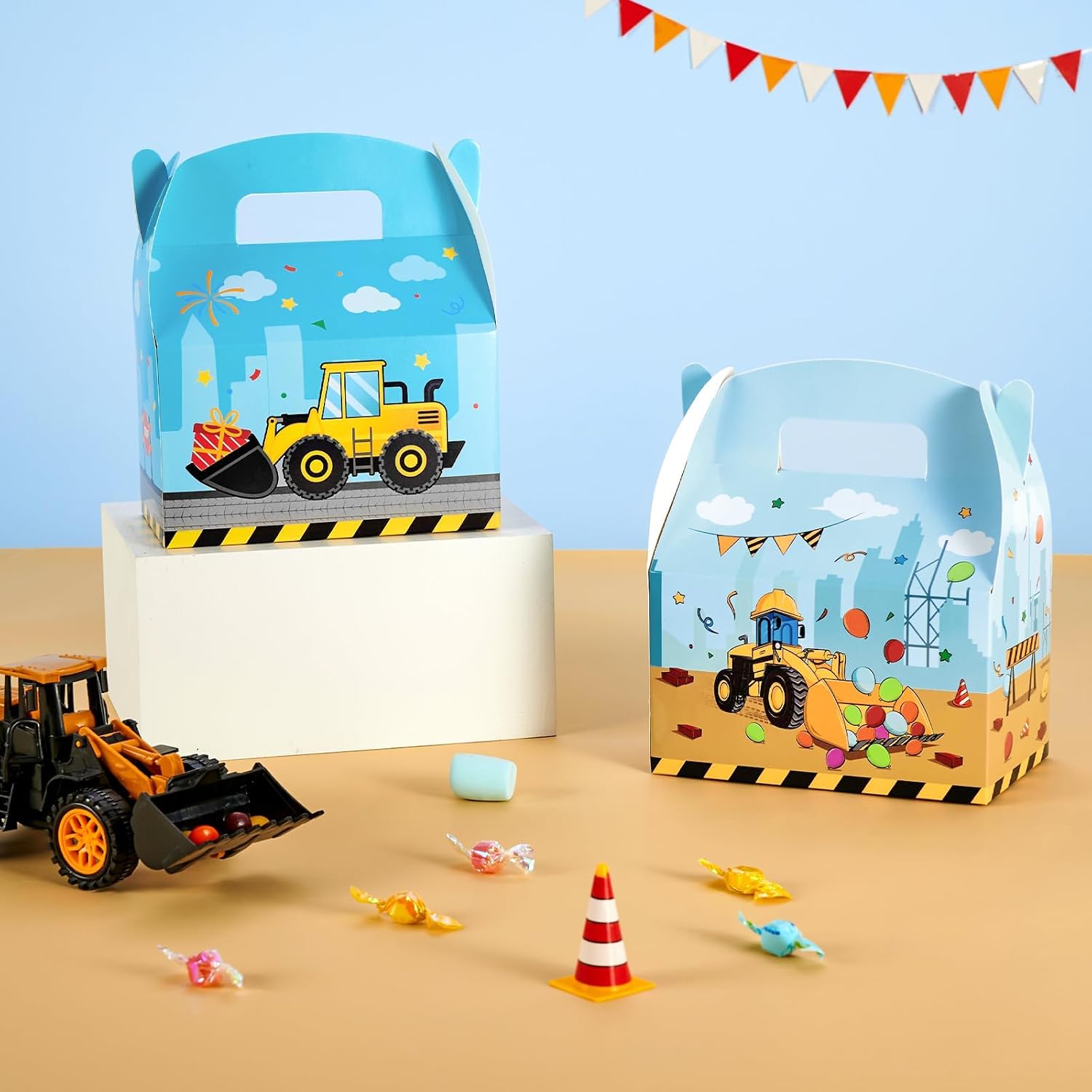 WERNNSAI 12 Pack Construction Party Boxes - Construction Birthday Supplies Truck Gifts Box for Kids Yellow Blue Truck Candy Bags Tractor Party Favor for Boys Holiday Baby Shower Decor