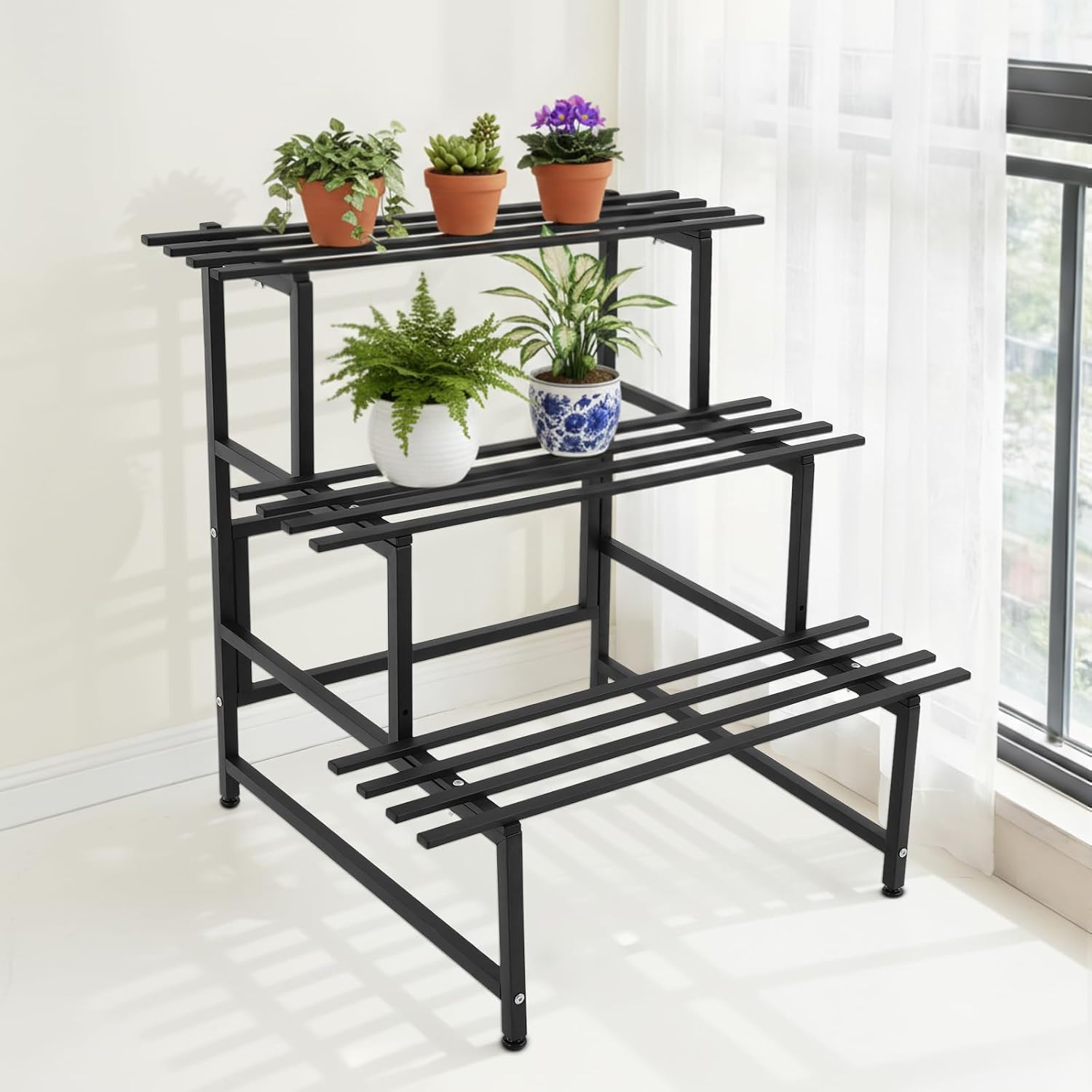 3-Tier Metal Plant Stand Outdoor Plant Shelf Indoor,Heavy Duty Decorative Planter Display Shelf Unit for Garden Patio Balcony Living Room (3-Tier)