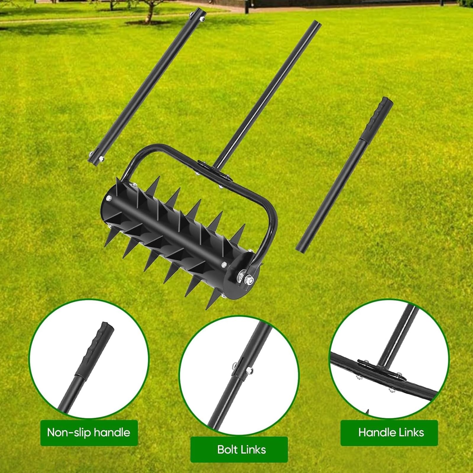 Aireador de césped, Rodillo de césped Manual de Alta Resistencia de 18 Pulgadas, Herramienta de púas rodantes para césped de jardín con Mango y Hoja de Acero Inoxidable de 56 Pulgadas