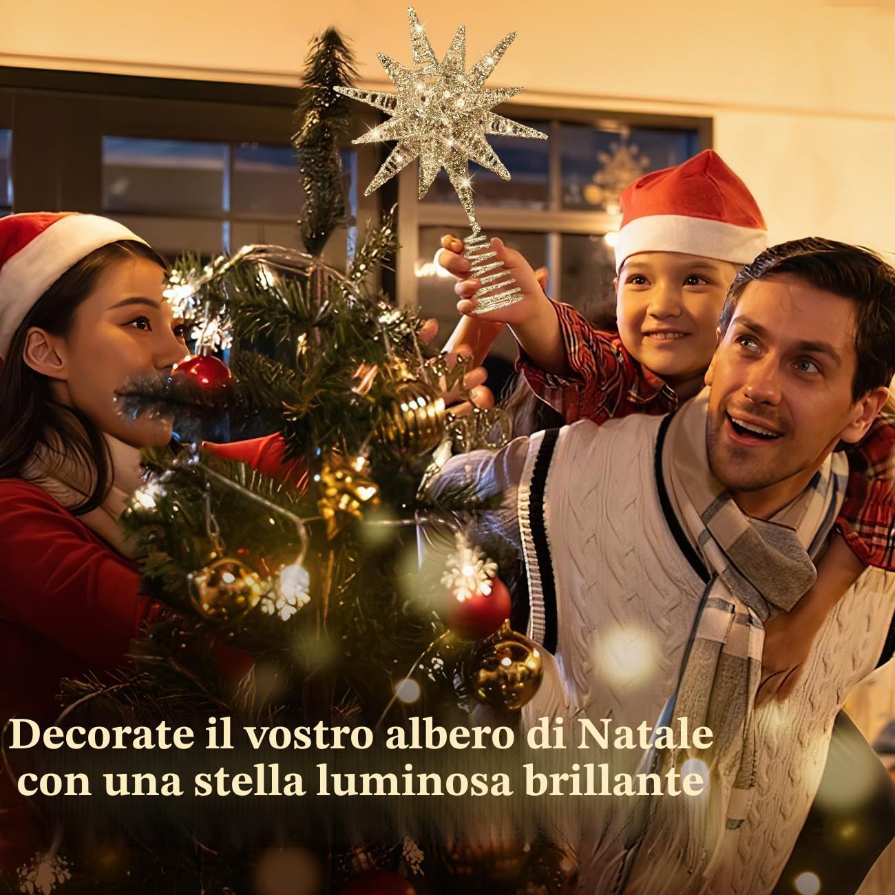 Luxspire Puntale Albero Natale LED, Decorazioni Natalizie Luci di Albero, a Forma di Albero con Glitter, Luci LED Albero di Natale, a 2 AA Batterie, Decorazione per Natale Festa Casa, Champagne Oro