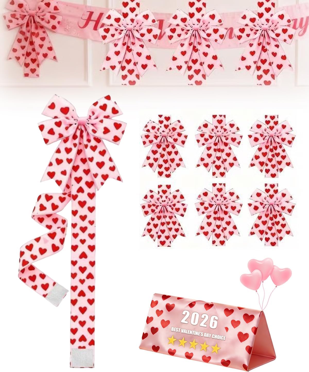 6 PCS Valentines Day Kitchen Bows Decor Pink Love Cabinet for Cabinets Garland Decoration Heart Wall DIY Hanging Indoor Ribbon Ribbons Wreaths Big Set Door Large Hearts to Instantly The Mood