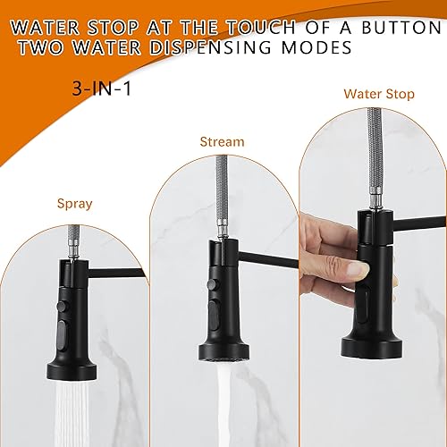 Miniatura 2 de LIWEIKE Grifos de cocina de montaje en pared, grifo de cocina de montaje en pared central de 8 pulgadas con pulverizador, negro mate