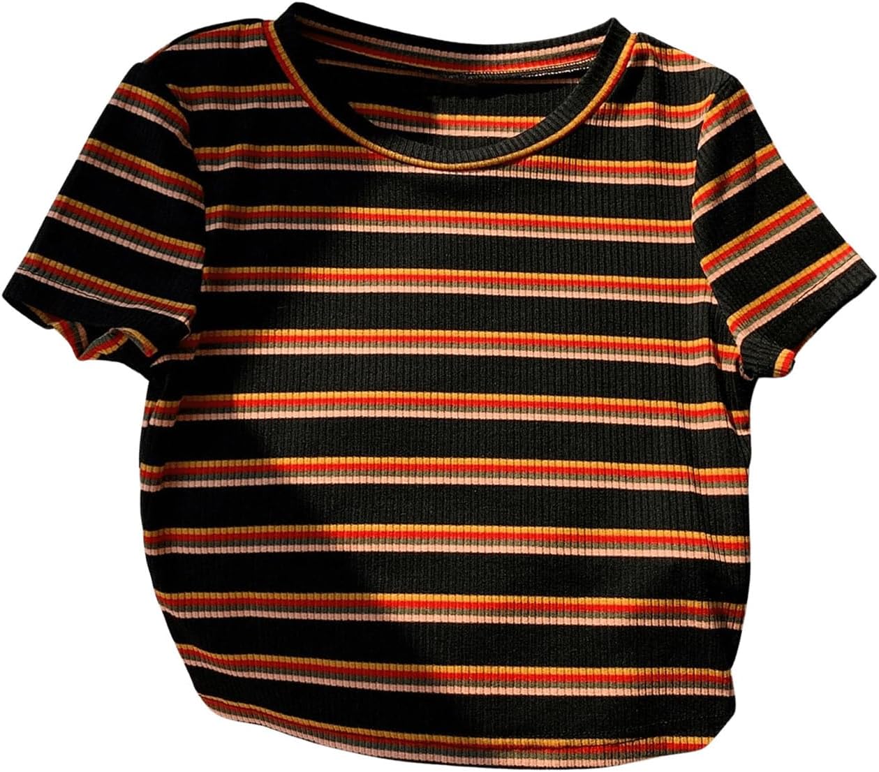 RoseSeek Women's Striped Colorblock T Shirt Short Sleeve Crew Neck Ribbed Knit Crop Tops