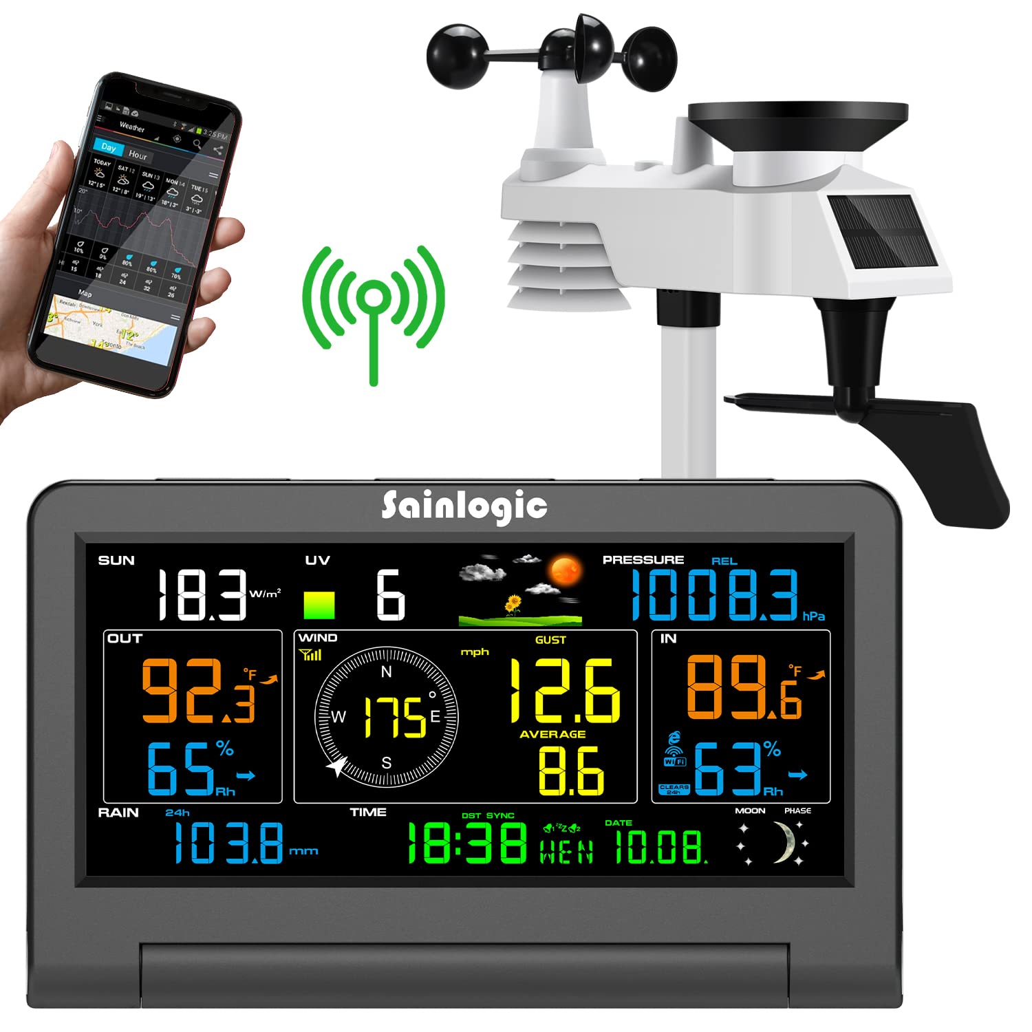 Sainlogic Wireless Weather Station with Outdoor Sensor, Weather Forecast, Temperature, Air Pressure, Humidity, Wind Gauge, Rain Gauge, PC Export Data Software（Windows OS) (Space Black)