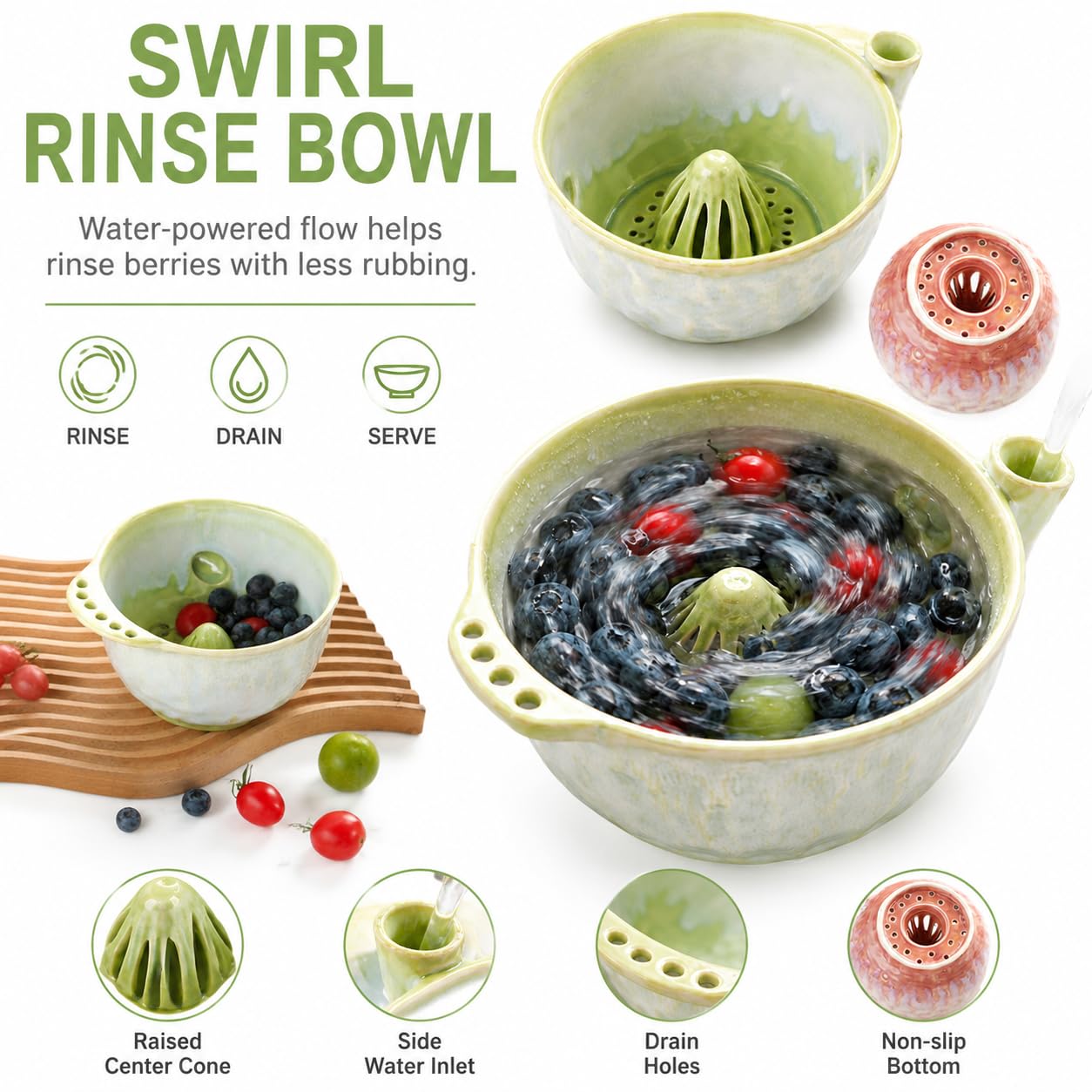 Self Spinning Berry Washing Bowl Ceramic, Beerenwaschschüssel Keramik, Berry Washing Bowl Ceramic, Keramik-Beerenwaschschale mit Abfluss – Waschschüssel, Sieb und Spülkorb für Obst (Pink (6.29in))