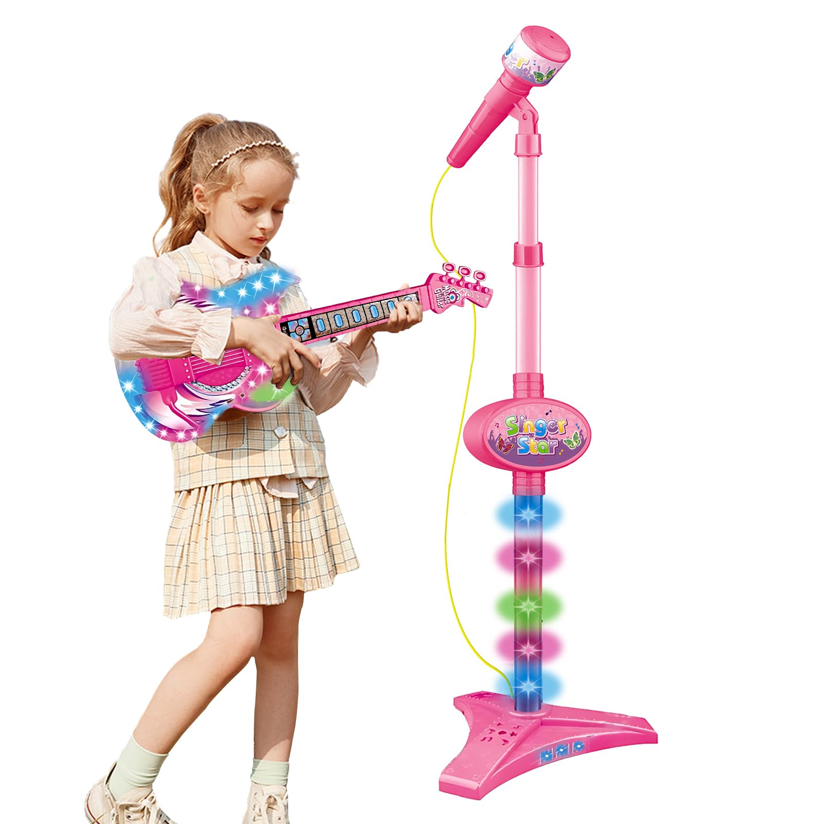 Set di chitarra e microfono per bambini, chitarra giocattolo con volume | RegulableY Cinghia | Set di Gu-Chitarra G - Microfono per Ragazze | Set di GUI-Tarra e Microfono Musica Luce Microfono Al