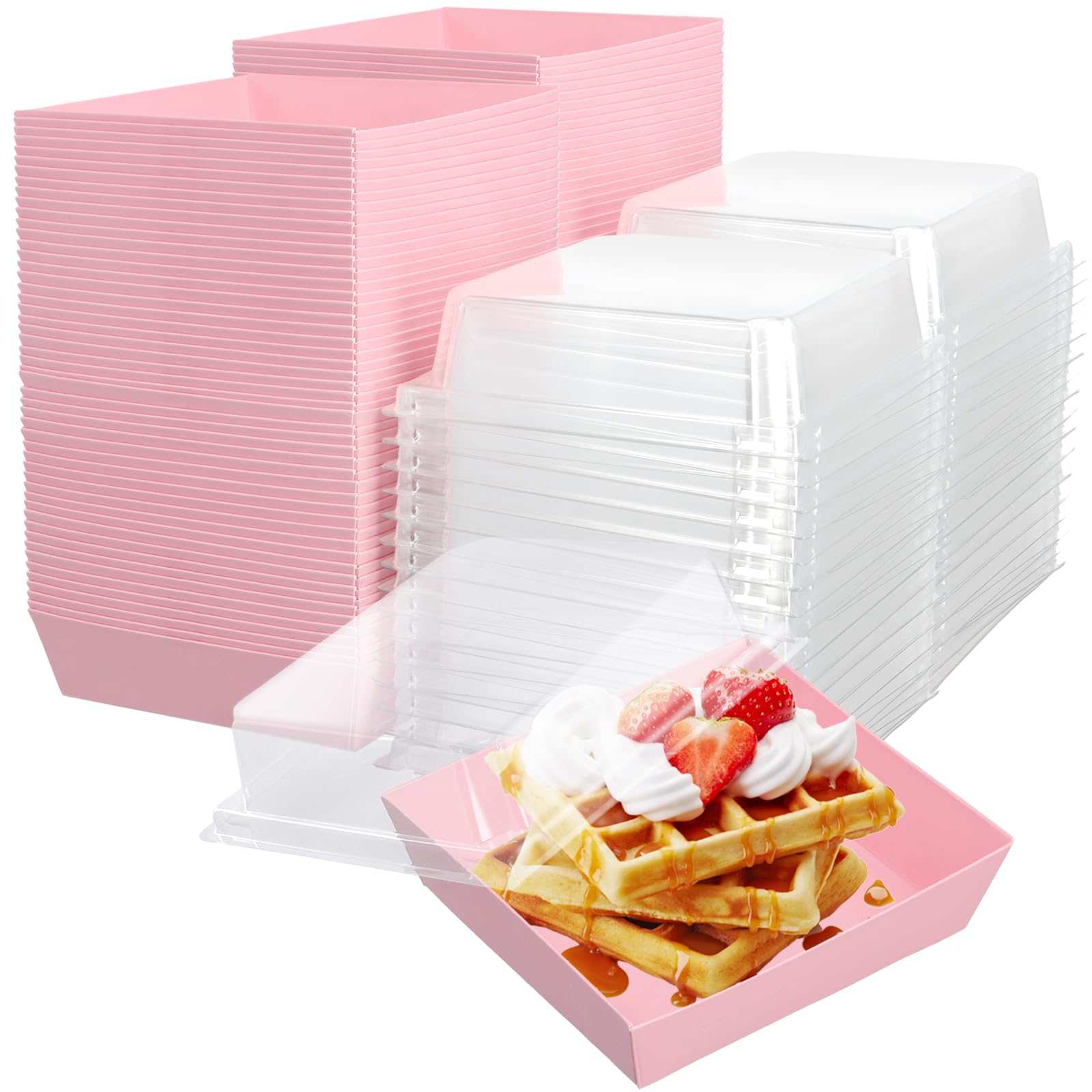 FUNSUEI 100pcs 11 x 12cm Cake Slice Box Plastic, Slice Boxes Individual, Square Cake Boxes with Clear Lids for Bakery, Sandwich, Cookies, Pink, Transparent
