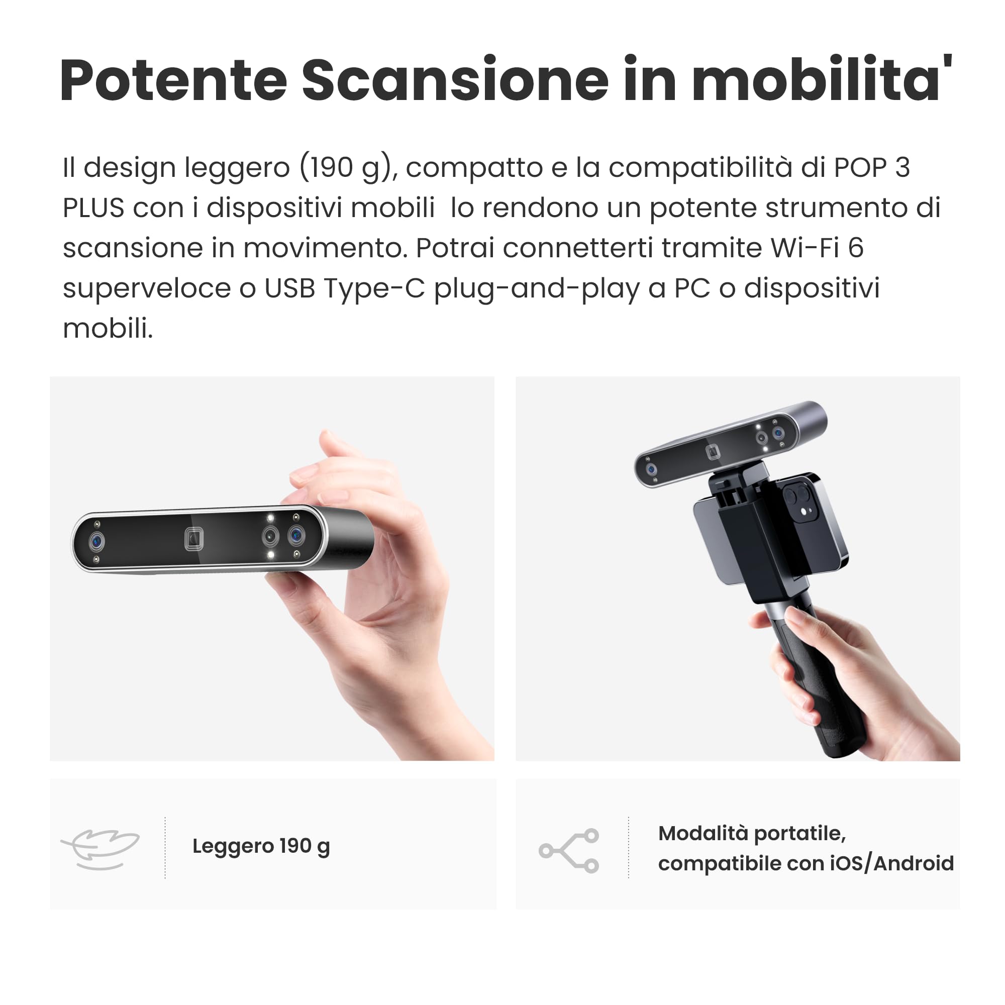 Revopoint POP 3 Plus Scanner 3D portatile per stampa 3D, Precisione da 0,04 mm, Scansione a colori per oggetti di media dimensione, Compatibile con Android/iOS/Win10 e 11/macOS, Standard