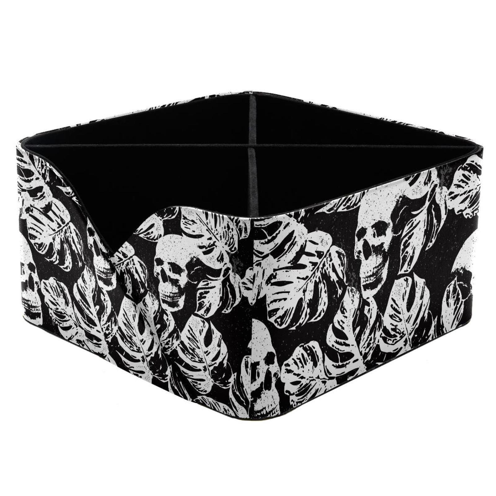 KengjuTesu Skulls and Tropical Leaves Desktop Organizer Pen Holder, Rectangular Pencil Cup for Office, Study and Makeup Stations