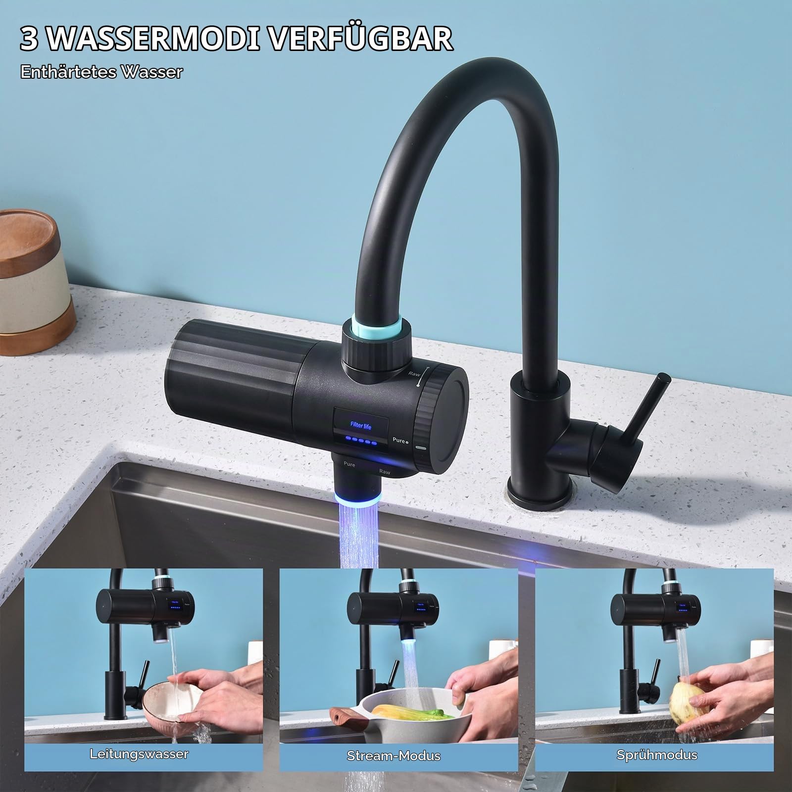 HOMELODY Wasserfilter Wasserhahn 3.0 mit LED-Anzeige, 5 Filter Enthalten & Wasserfilter Trinkwasser für Küche, entfernt Chlor, Schwermetalle & Kalk, verbessert den Geschmack, 12x Adapter