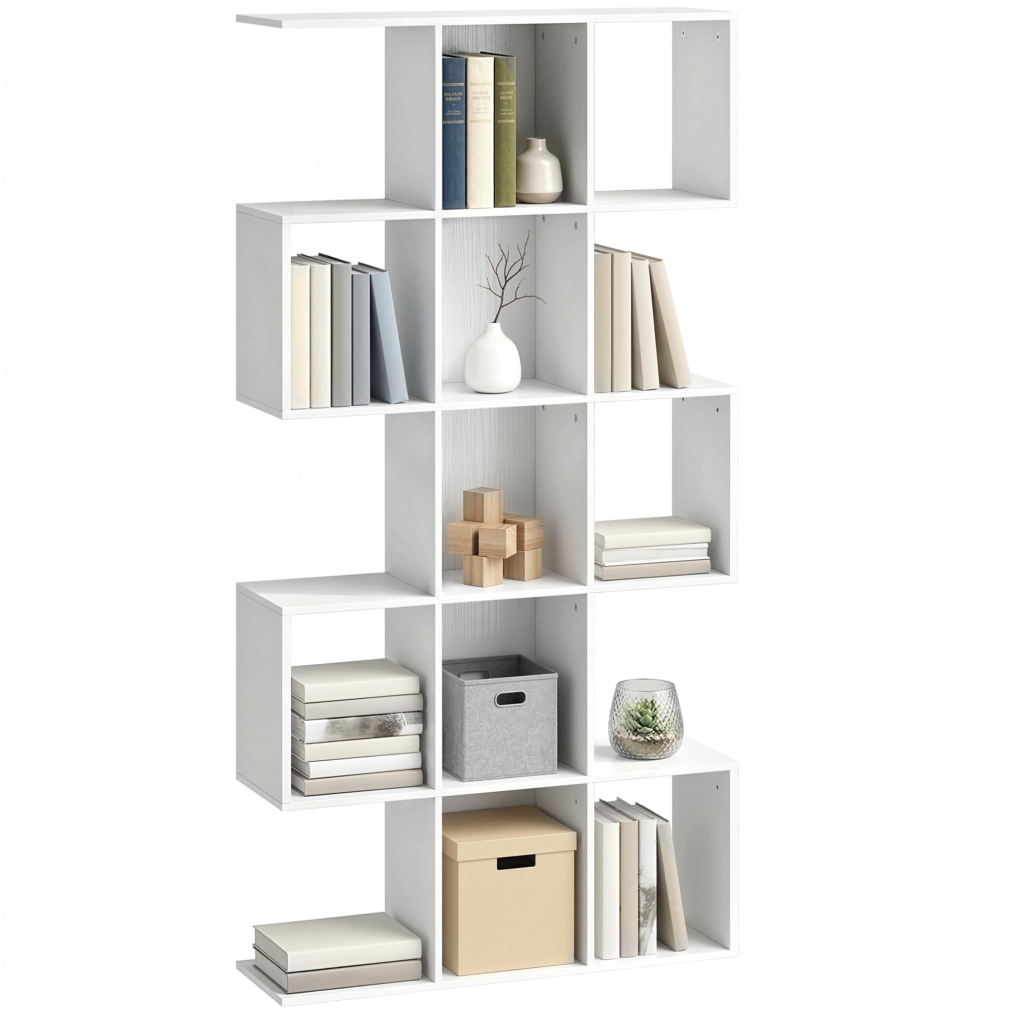 HOMCOM 5-Tier Bookshelf S Shaped Bookcase 15 Compartments White Wood Effect