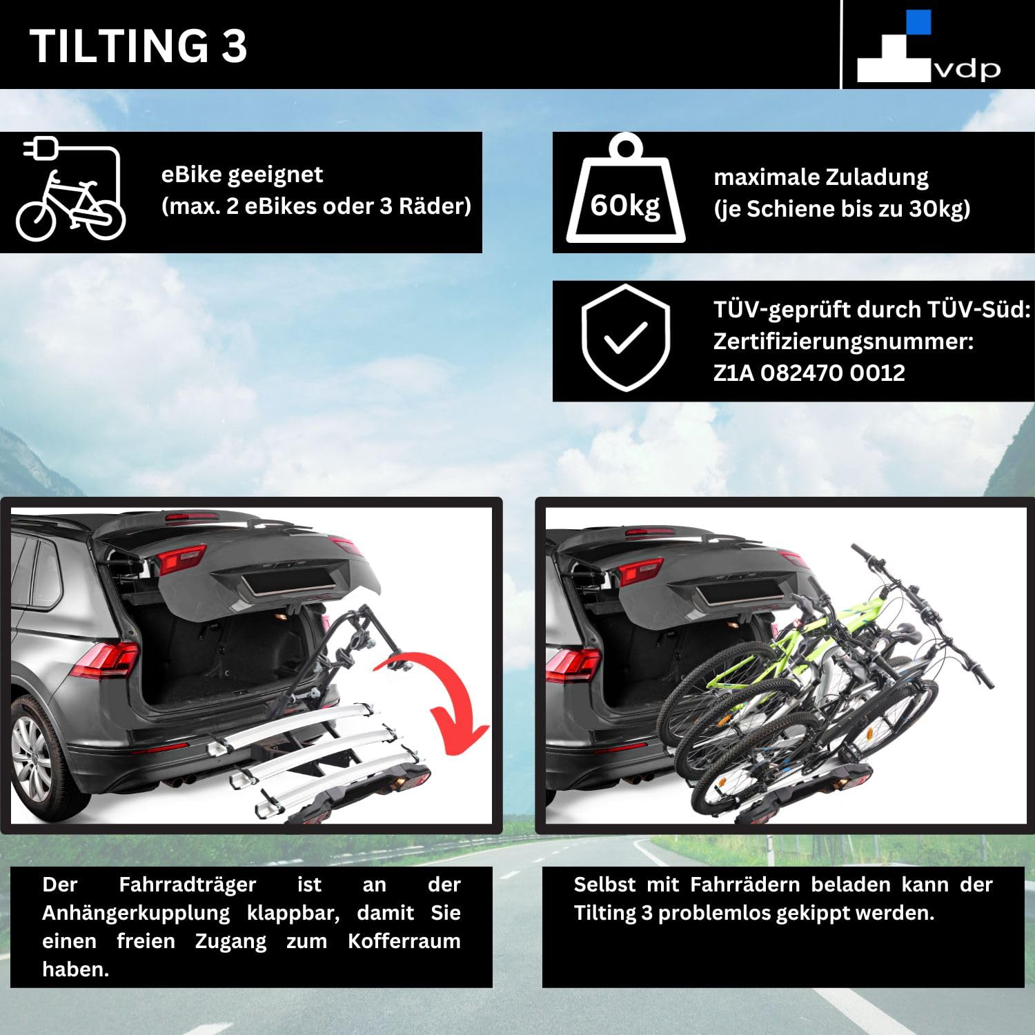 VDP eBike Portabici per rimorchio bicicletta, portabiciclette posteriore – Tilting 3 – Portabici e-Bike per 3 biciclette – Carico 60 kg – Pieghevole sul veicolo – TÜV