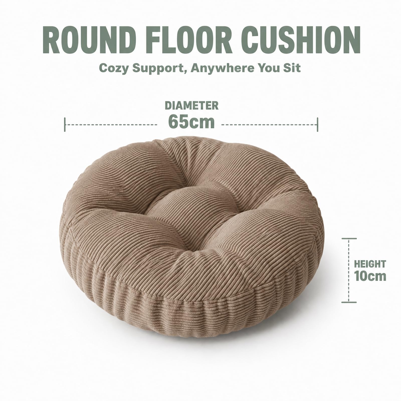 Sitzkissen Rund 65x65cm, Bodenkissen, Stuhlkissen Outdoor, Waschbare Khaki