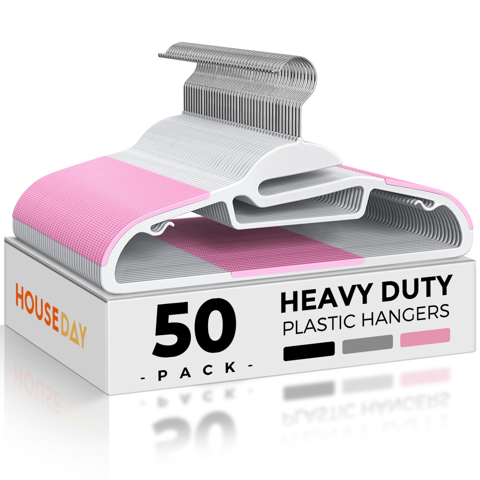 HOUSE DAY Pink Plastic Hangers 50 Pack, Slim Space Saving, Non Slip Hangers with Rubber Pads, Sturdy Coat Hanger for Closet, S-Shaped Clothes Hanger for Shirt, Suit, Pant, Skirt