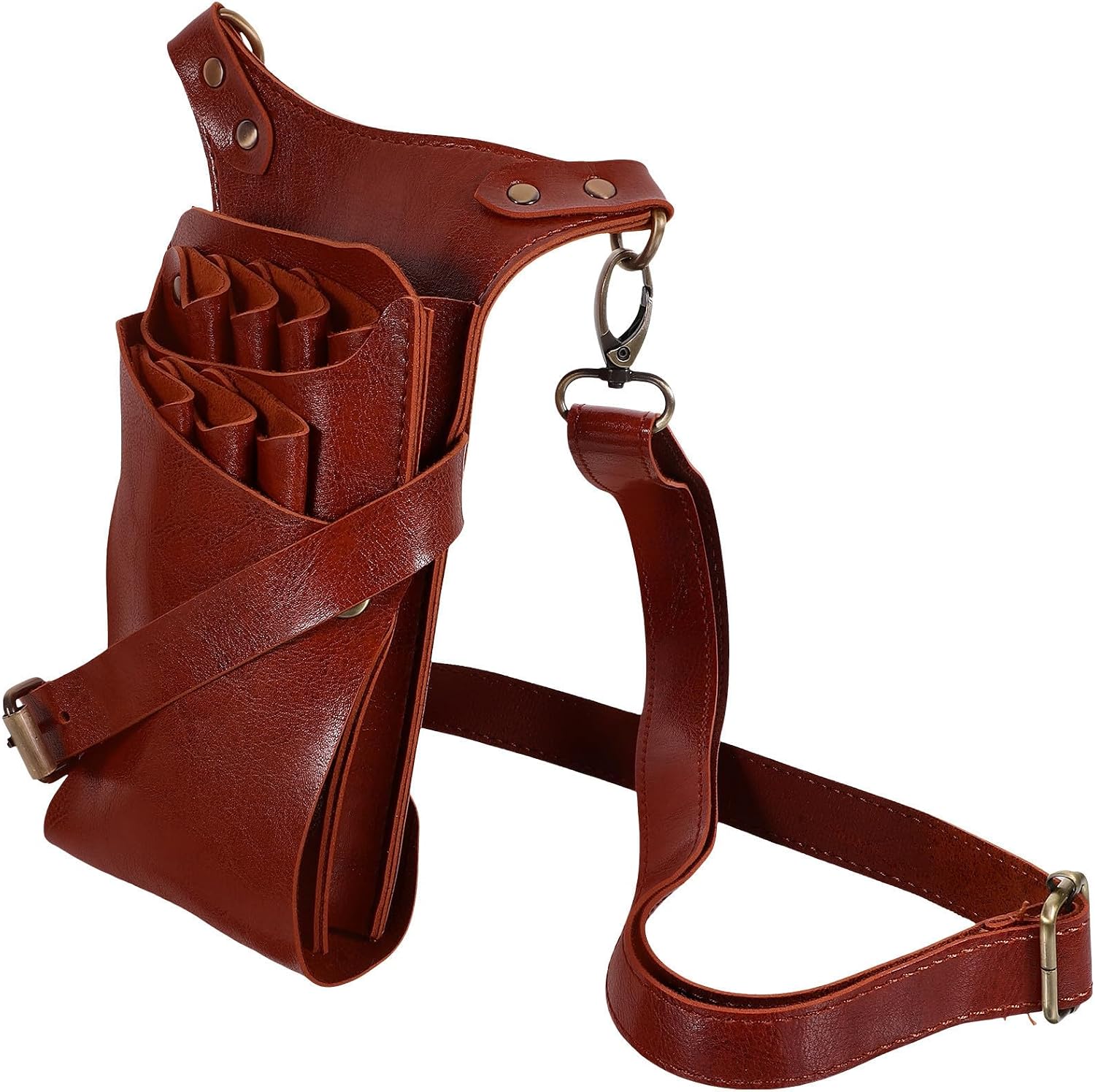 Detachable Leather Scissors Bag with Comb Pouch and Multiple Pockets, Multifunction Hairdressing Scissors Holder for Salon and Barber Use, Brown Hairdresser Toolkit Organizer