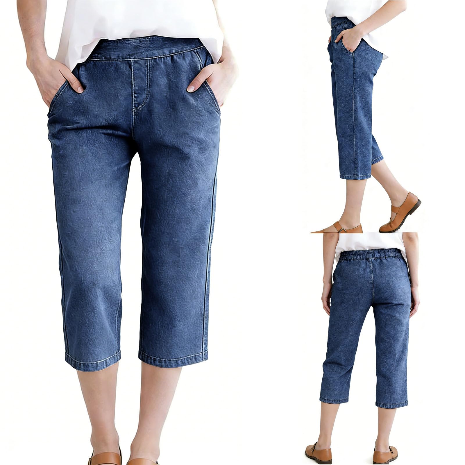 Générique Short Jeans Femme Été Chic Large Shorts Denims et Bermudas Habillé Femmes Pant Jeans Coupe Droite Grande Taille Élastique avec Poches Pantacourt en Jean Confortable Ample Mode Casual