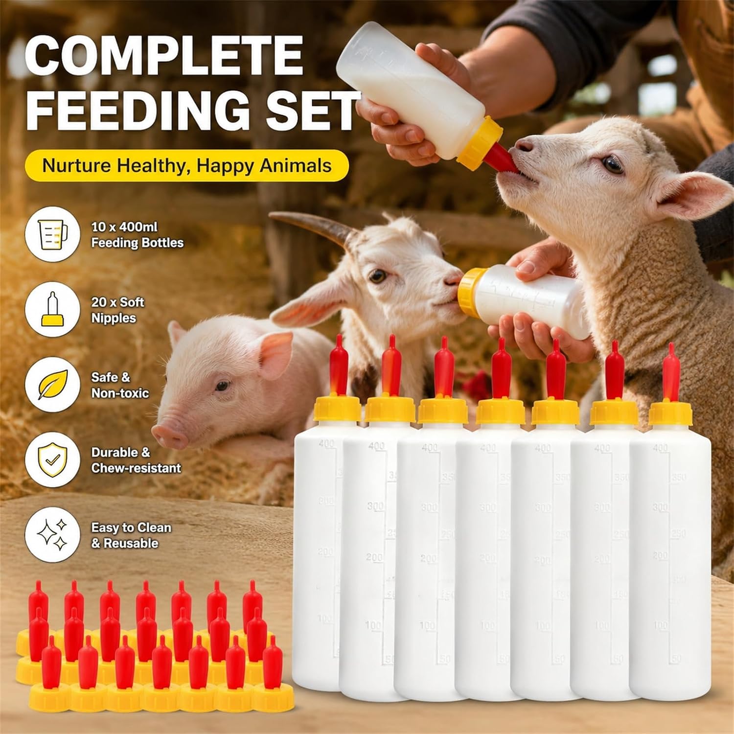 Okllen 10 Sets 400ml Lamb Feeding Bottle with 20 Nipples, Plastic Goat Milk Feeder for Goats, Lambs, Small Animal Pet Drink Bottle, Reusable Silicone Nipple for Farm Livestock Feeding image 3