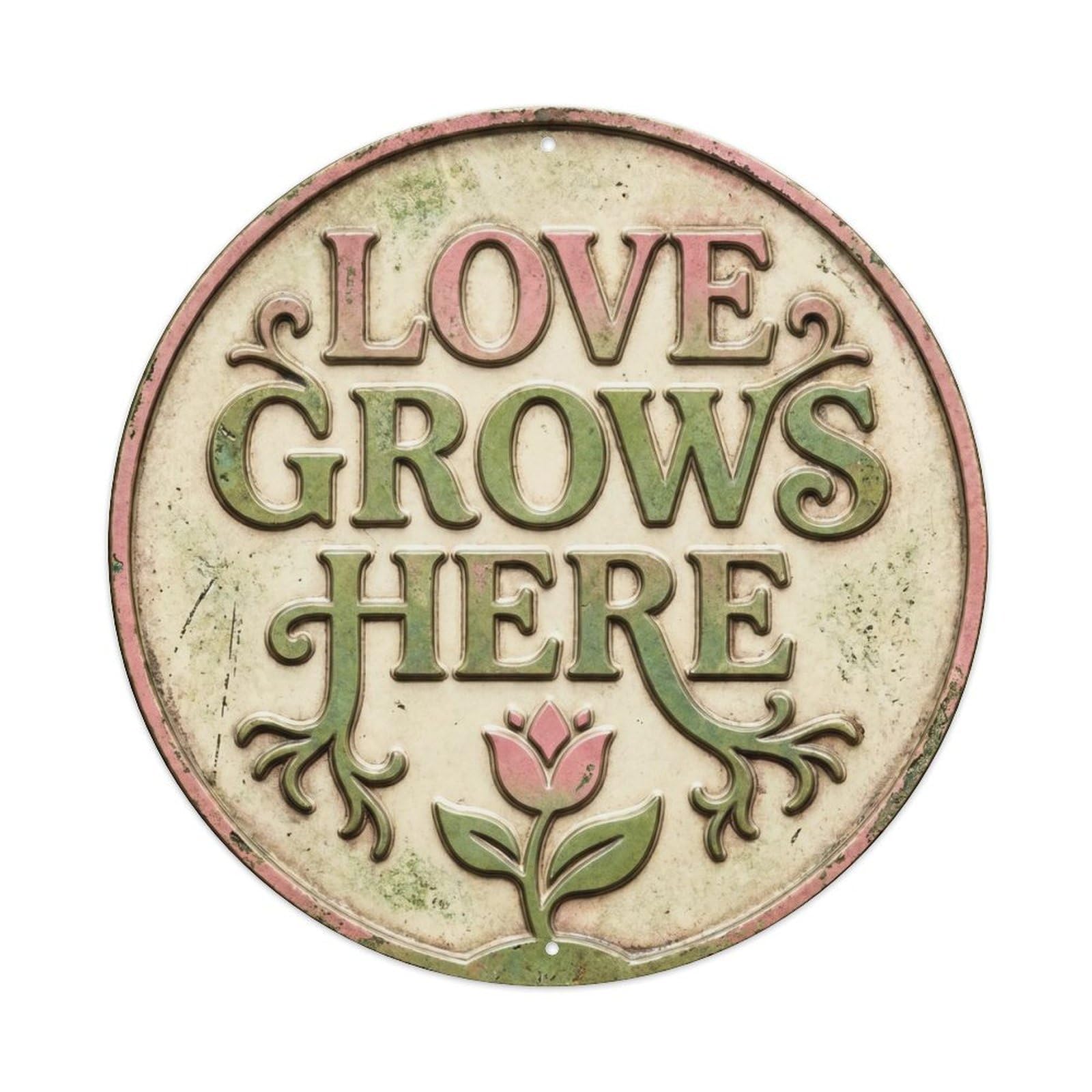 Love Grows Here Vintage Bedroom Accessory Retro Slogans Metal Tin Sign Plaque Wall Decor for Cafe, Club Bar, Office, Home Garden Round Metal Poster 8x8Inch