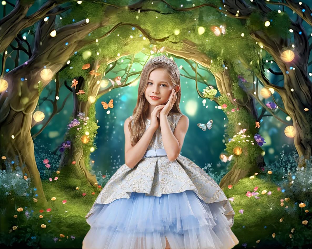 2.7x1.8m Toile de Fond Foret enchantée Fantaisie Pays des Merveilles Forêt Papillon Fleurs Arbre Photographie Fond Princesse Fête d'anniversaire Nouveau-né Bébé Shower Décorations