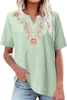 Linen Shirts for Women Plus Size Embroidery Mexican Blouses Short Sleeve Boho Tops Womens Summer Clothes