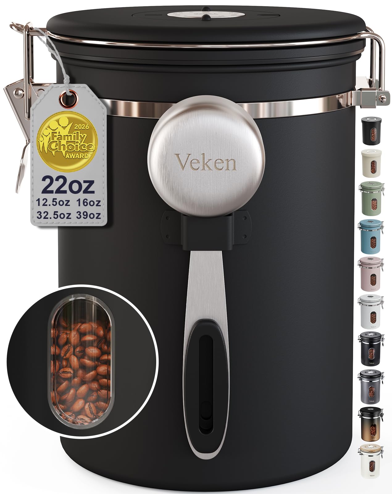 Veken Coffee Canister with Window, Airtight Stainless Steel Container, 22OZ