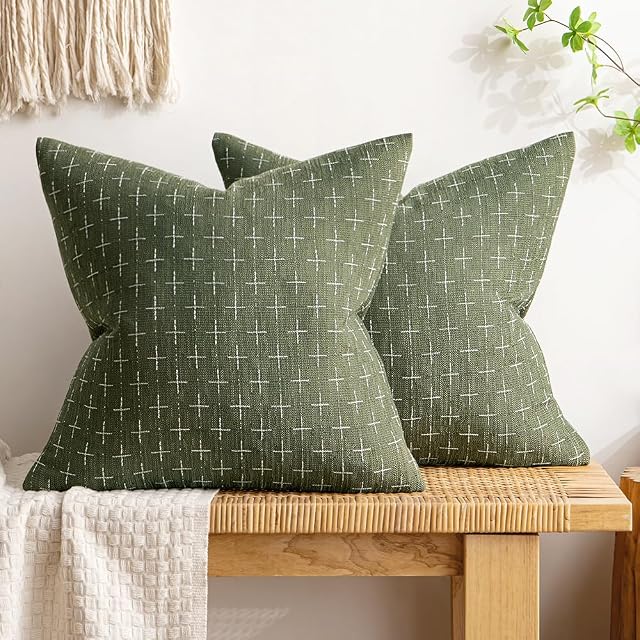 MIULEE Pack of 2 Decorative Burlap Linen Throw Pillow Covers Modern Farmhouse Pillowcase Rustic Woven Textured Cushion Cover for Sofa Couch Bed 18x18 Inch Olive Green